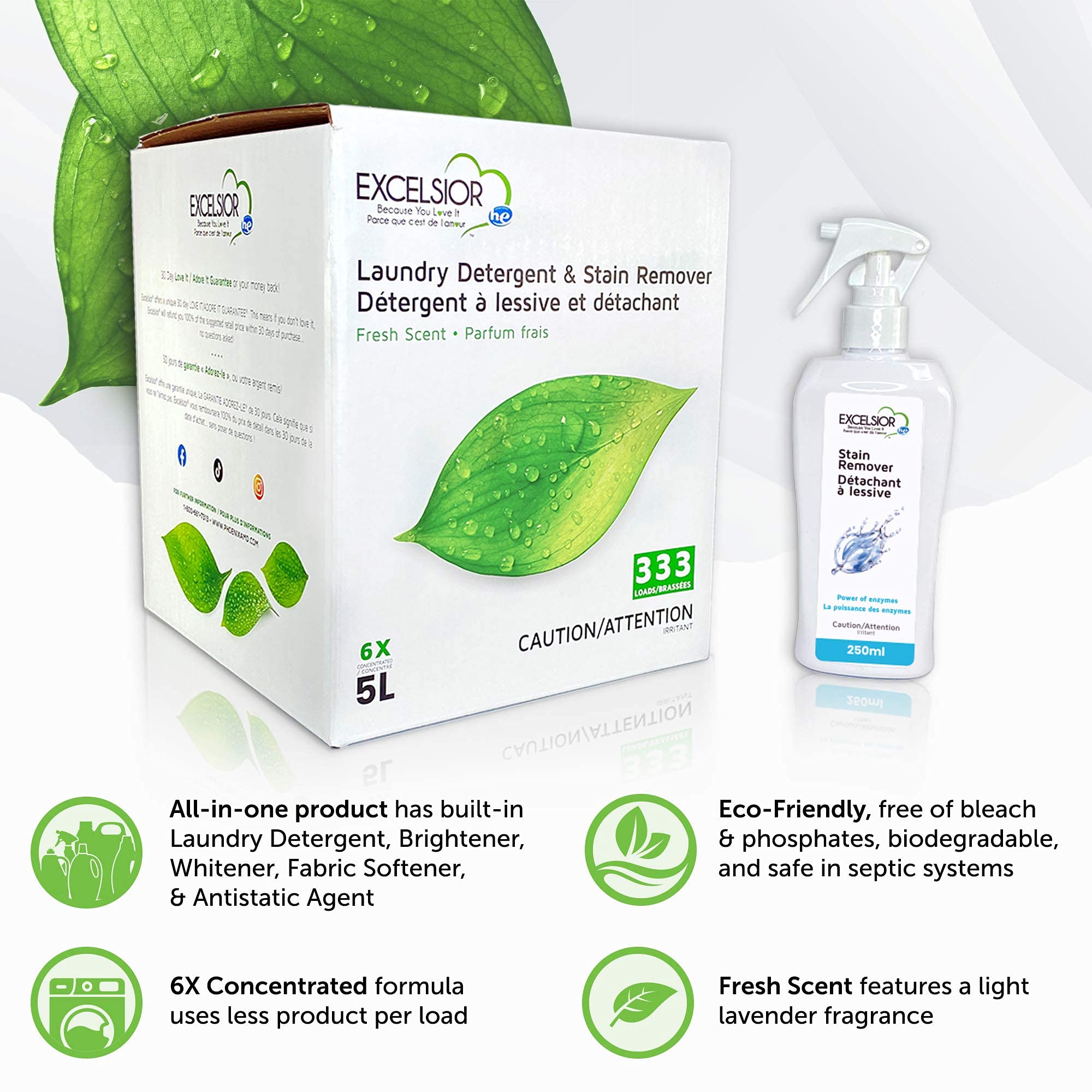 Excelsior HE Laundry Detergent Liquid Fresh Scent Concentrated 333 Loads 5 Liter With Natural Stain Remover, High Efficiency Washing Detergent Laundry