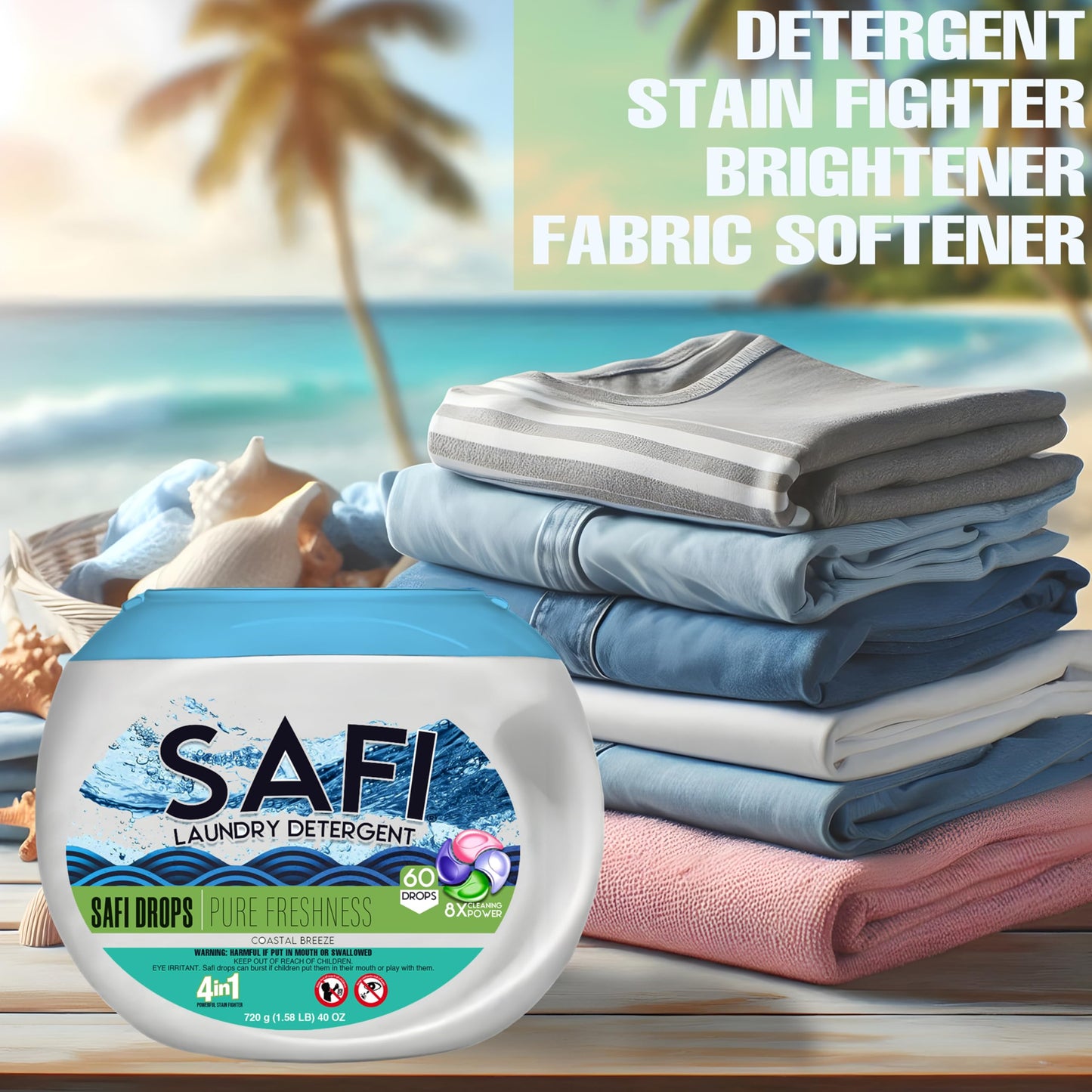 Safi Laundry Detergent Pods, 4 in 1, (w Fabric Softener), 60 Count