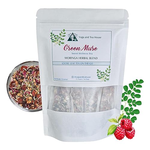 Moringa Tea Herbal Blend, Loose Leaf Tea, Full Body Cleanse, Green Muse Sweet Wellness Tea, 15 Organic Tea Bags, Yoga and Tea House