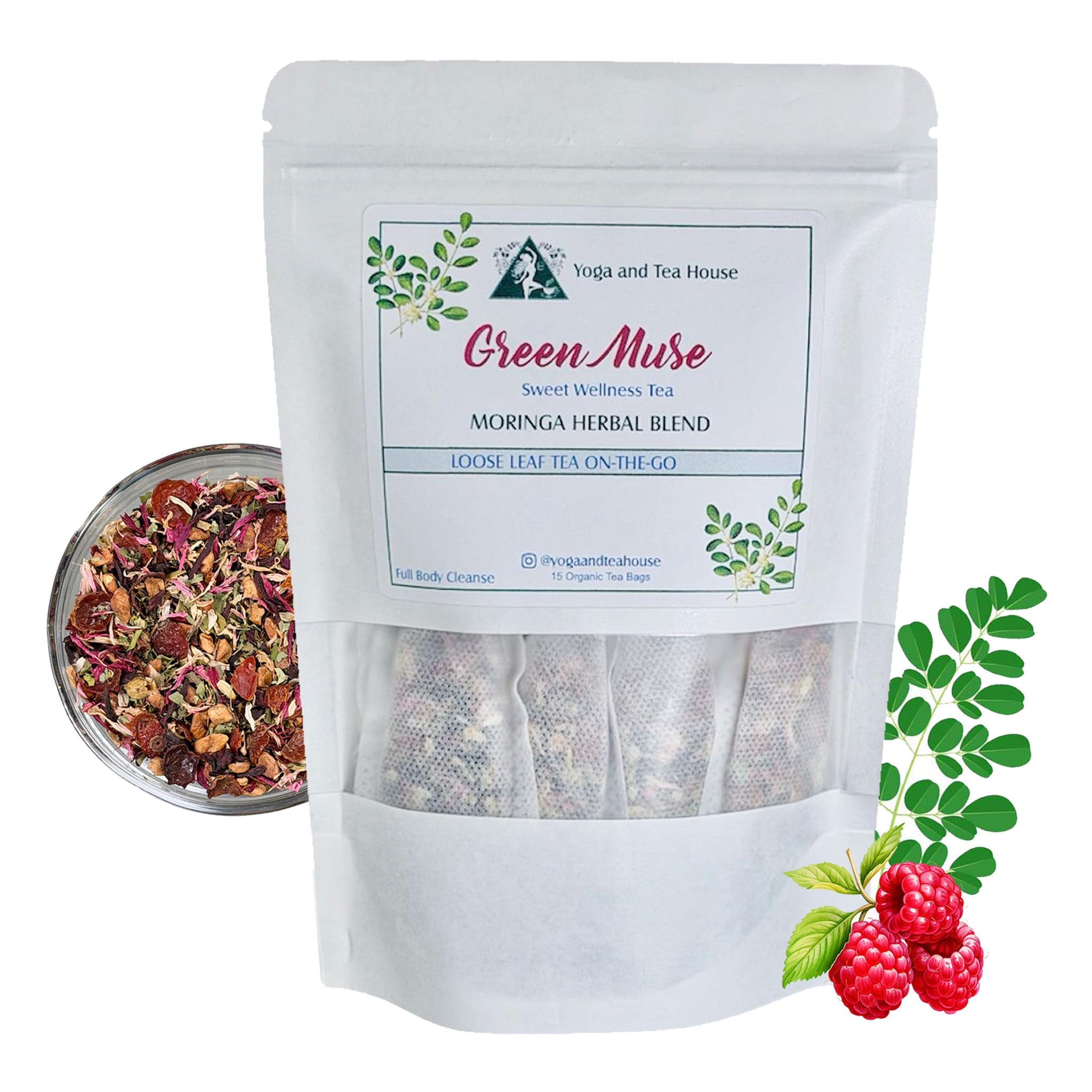 Moringa Tea Herbal Blend, Loose Leaf Tea, Full Body Cleanse, Green Muse Sweet Wellness Tea, 15 Organic Tea Bags, Yoga and Tea House