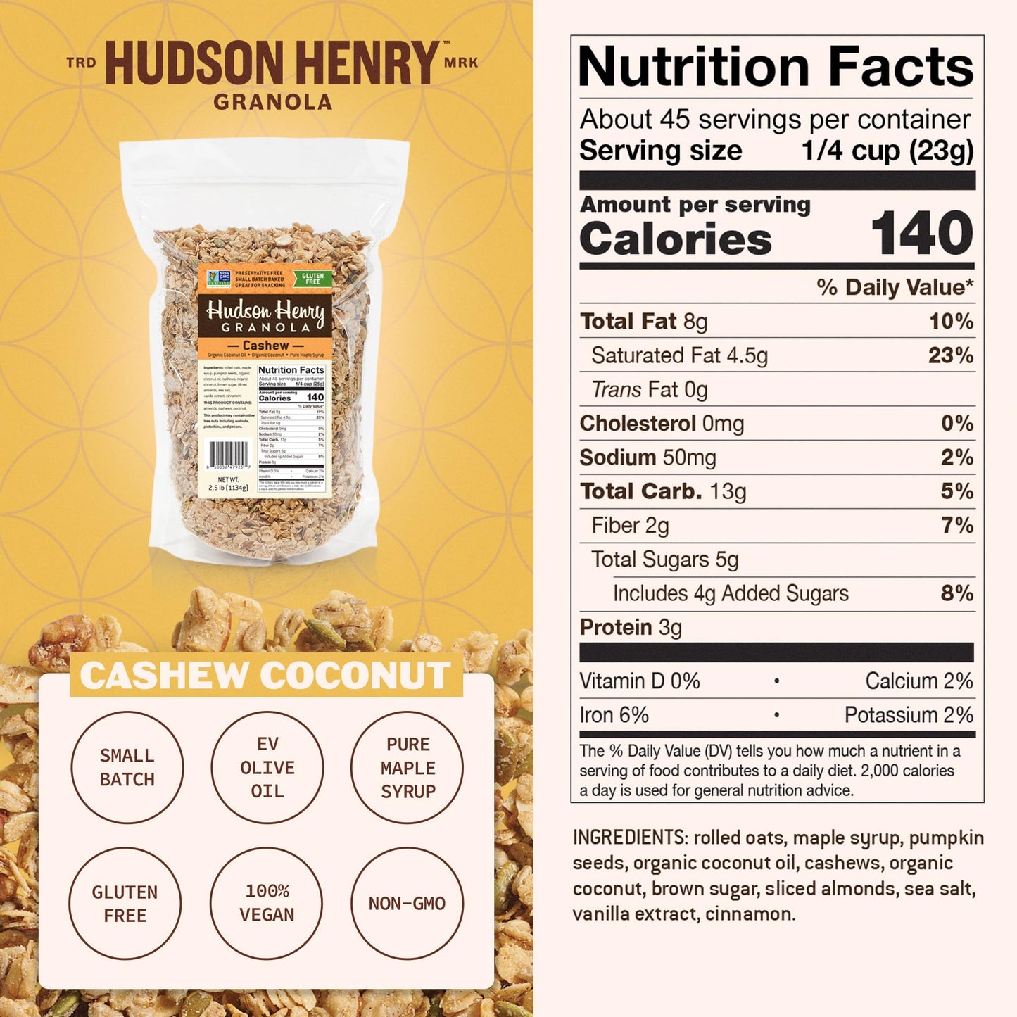 Hudson Henry Cashew Coconut Granola | Gluten Free Granola with Nuts and Seeds | Vegan, Non-GMO & Small Batch Baked with Pure Maple Syrup & Organic