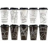 Youngever 70 Sets Disposable Coffee Cups with Lids, To Go Hot Coffee Cups, Durable Paper Cups with Lids, City Skyline Design