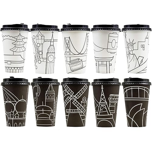 Youngever 70 Sets Disposable Coffee Cups with Lids, To Go Hot Coffee Cups, Durable Paper Cups with Lids, City Skyline Design