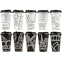 Youngever 70 Sets Disposable Coffee Cups with Lids, To Go Hot Coffee Cups, Durable Paper Cups with Lids, City Skyline Design