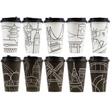 Youngever 70 Sets Disposable Coffee Cups with Lids, To Go Hot Coffee Cups, Durable Paper Cups with Lids, City Skyline Design