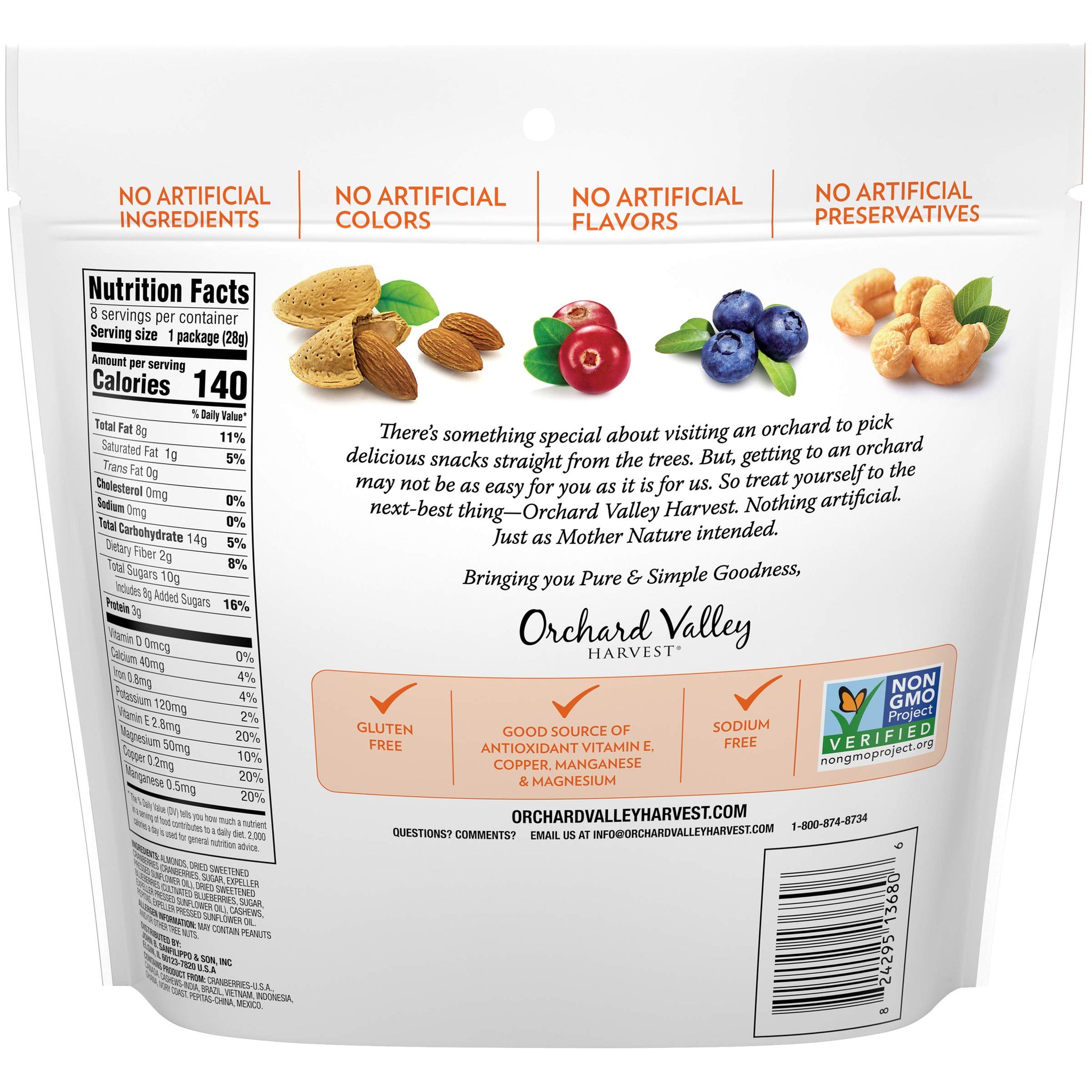 Orchard Valley Harvest Antioxidant Mix, 1 Ounce Bags (Pack of 8), Almonds, Cranberries, Blueberries, Cashews, and Pepitas, Non-GMO, No Artificial
