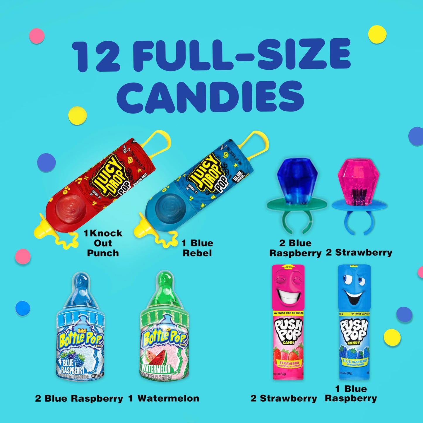 Candy Variety Pack - 12 Count Assorted Lollipops - Ring Pop, Push Pop, Baby Bottle Pop & Juicy Drop - Ideal for Birthdays, Party Favors, Celebrations