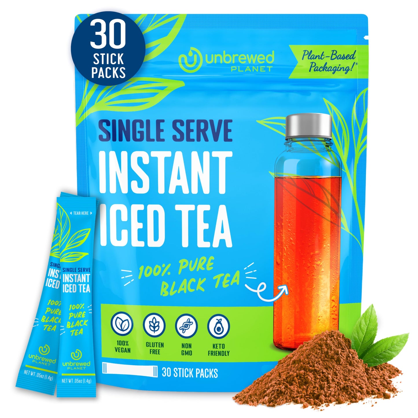 Unbrewed Planet Instant Iced Tea - 100% Pure Black Tea - 30 Single Serve Stick Packs - Unsweetened - Vegan - Gluten Free - On-the-Go for Travel, Work