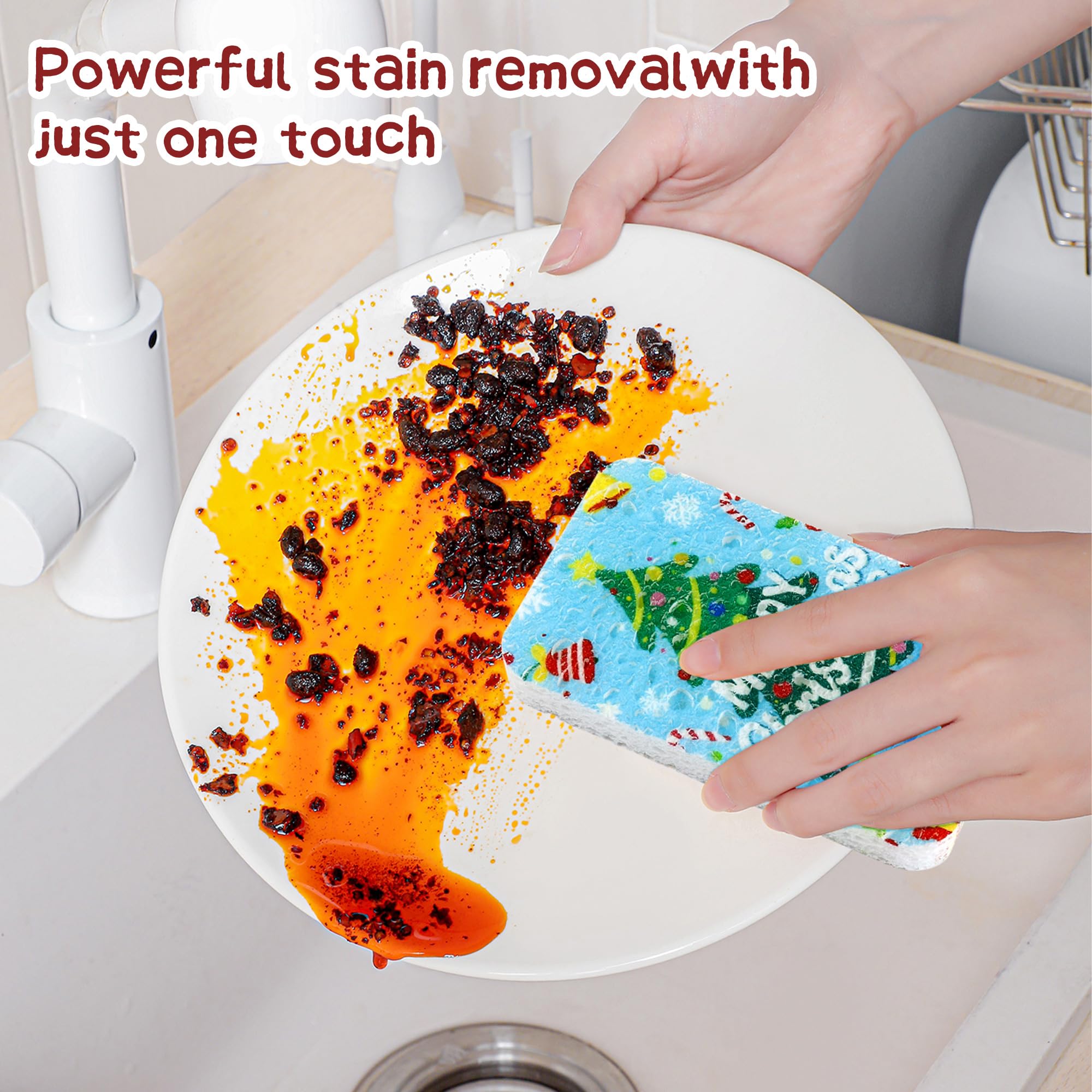 Christmas Theme Kitchen Sponge (12Pack) - Wood Pulp & Coconut Scrubber Sponges, High-Absorption Dishwashing Sponge with Festive Designs, Strong