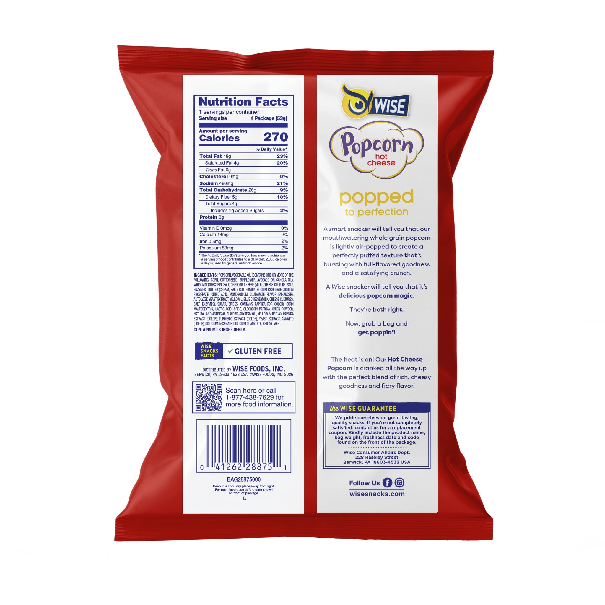 Wise Snacks Hot Cheese Popcorn 2.25 oz (16 Count) - Air-Popped, Gluten-Free Gourmet Snack, Delicious Spicy Flavor, Perfect for Movie Nights