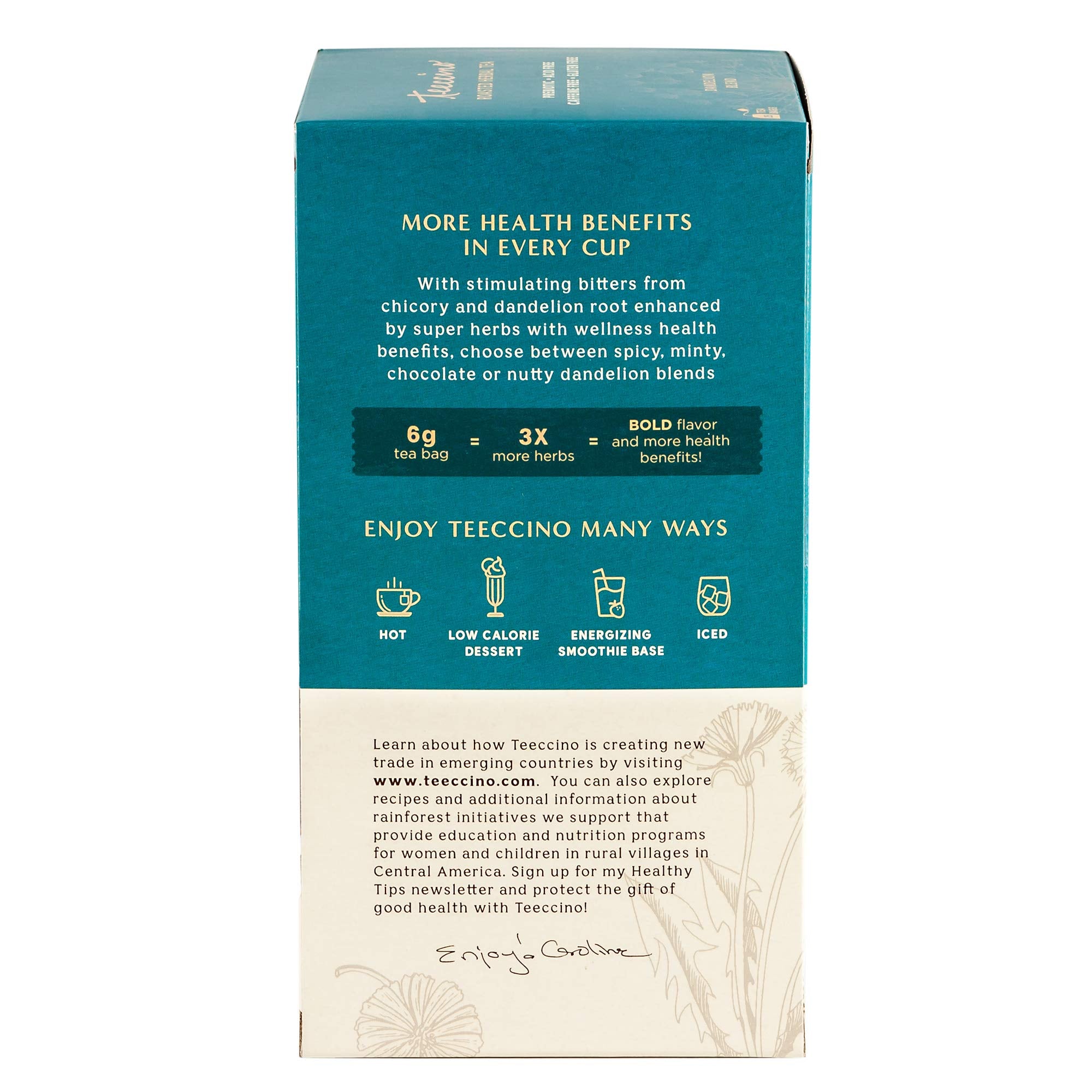 Teeccino Dandelion Coconut Tea - Caffeine Free, Roasted Herbal Tea with Prebiotics, 3x More Herbs than Regular Tea Bags, Gluten Free - 25 Tea Bags