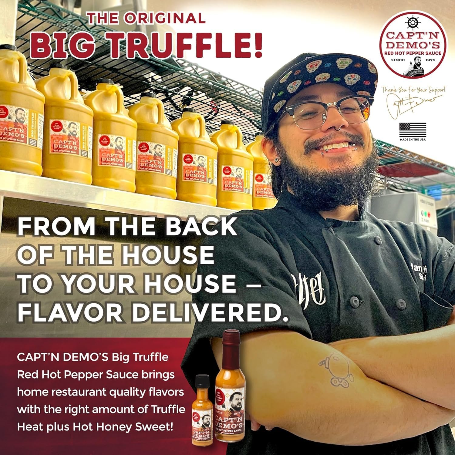 CAPT’N DEMO’S Truffle Hot Sauce BIG TRUFFLE FLASK - Gourmet Red Sauce with Real White & Black Truffle - Hot Honey Garlic Blend - Small Batch Luxury