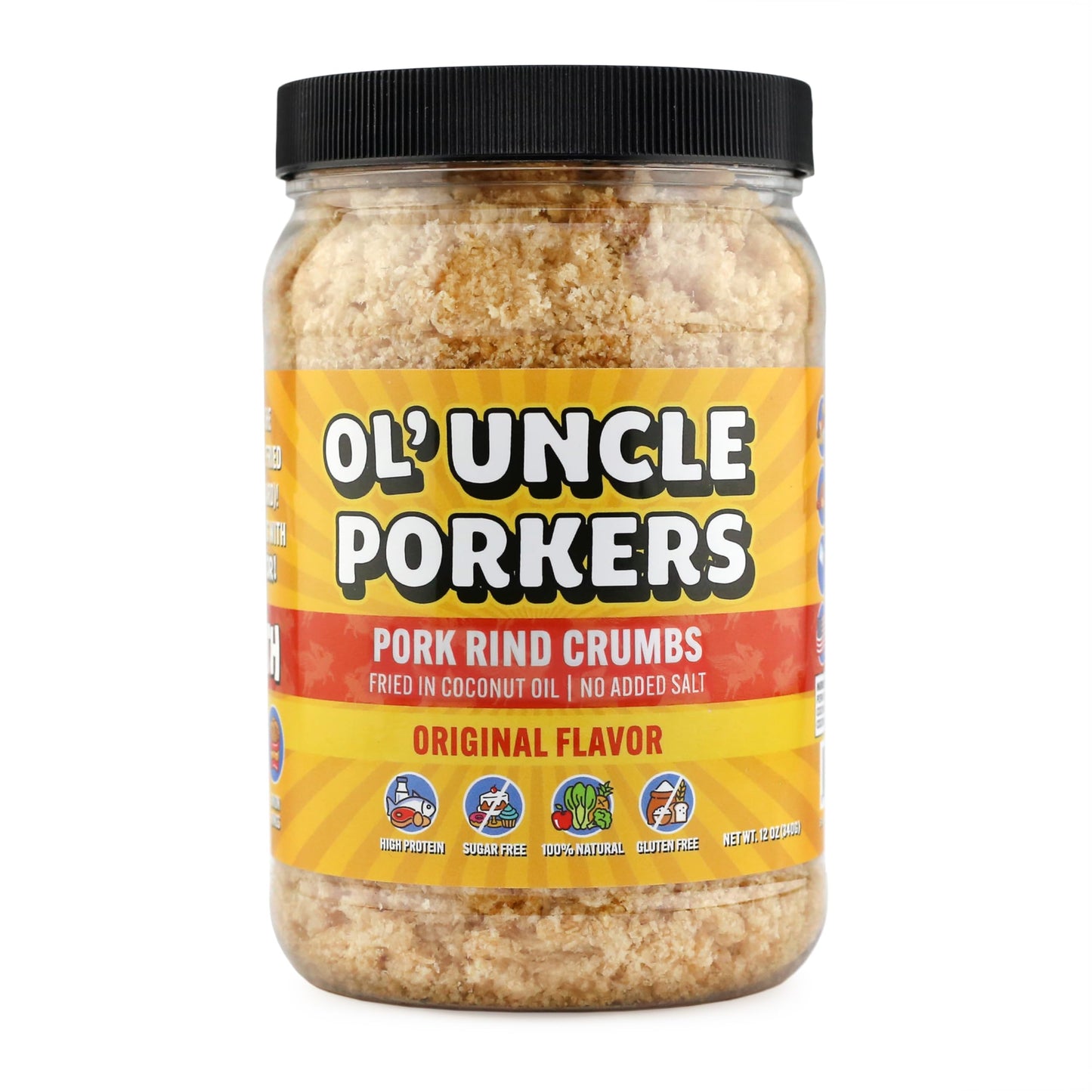 Ol' Uncle Porkers Original Pork Rind Crumbs, Keto Breadcrumbs, Zero Net Carbs, High Protein, Sugar-Free, Gluten-Free, Fried in Coconut Oil, No Added Salt, 12 oz