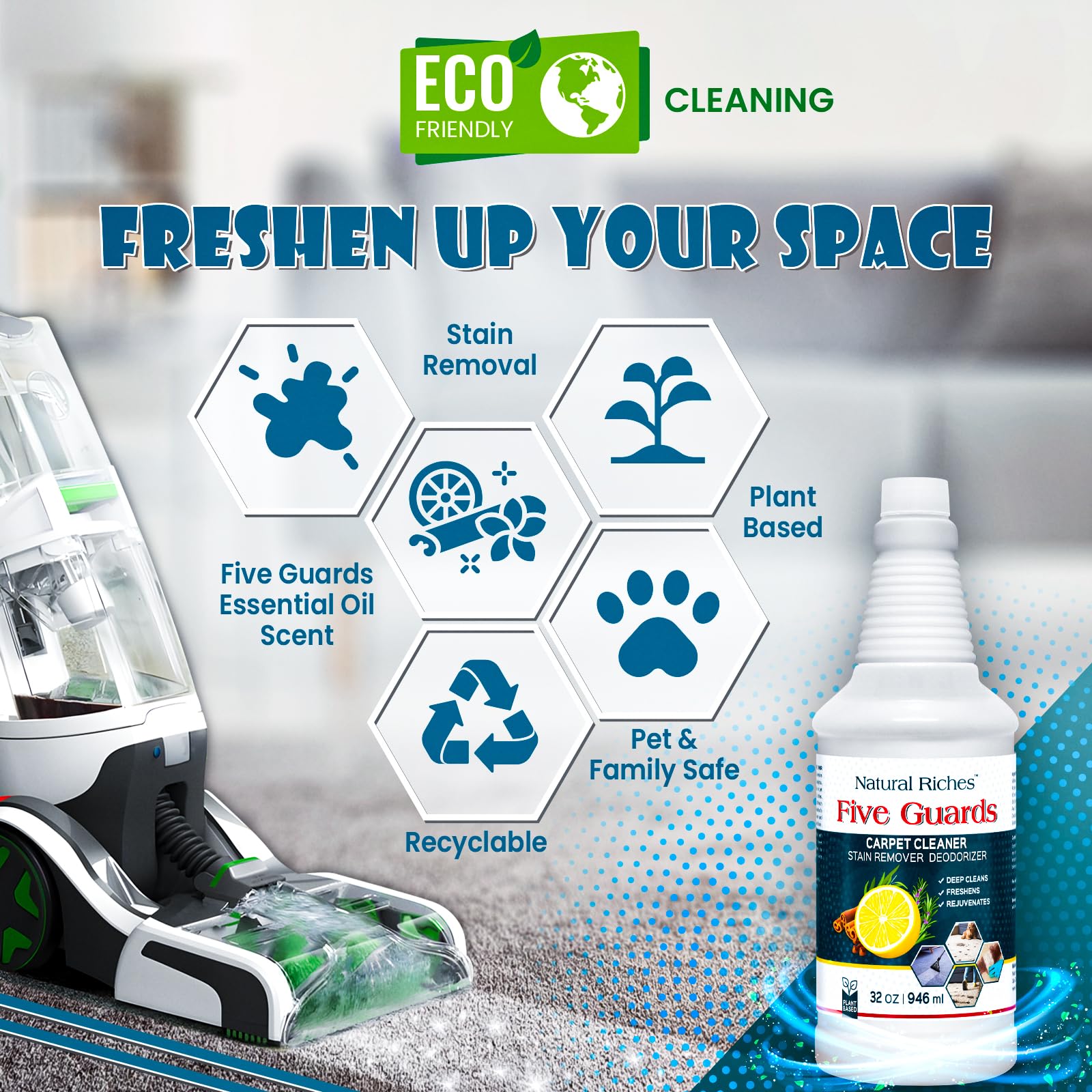 Natural Riches Organic Upholstery Carpet Cleaner Shampoo Solution Machine Use, A Miracle Carpet Cleaner Stain Remover Deodorizing Formula, Use On Rug