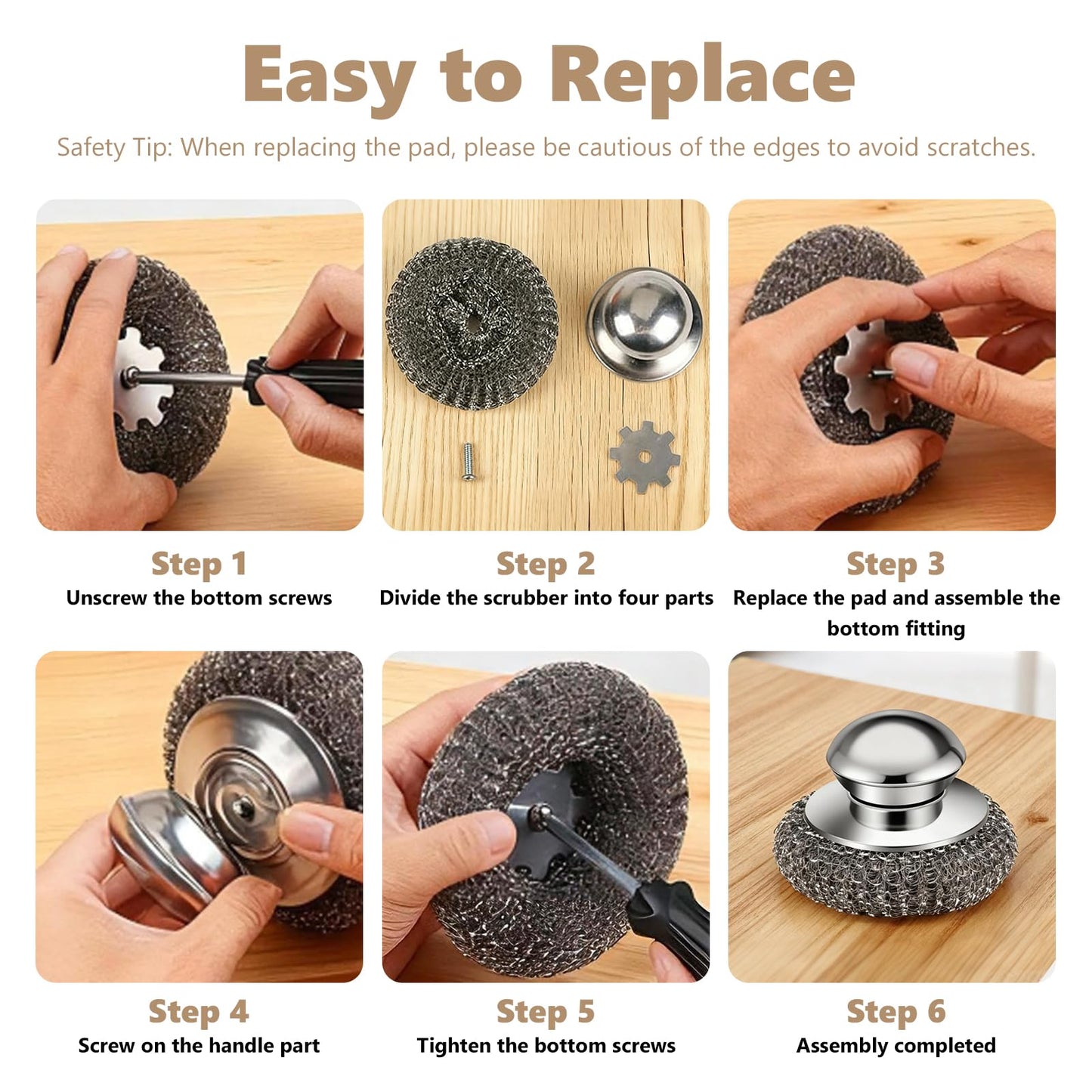 Steel Wool Scrubber, 4-Pack Stainless Steel Scrubber Pads with Handle - The Ultimate Scouring Solution for Rust, Stubborn Messes on Cookware, Grill