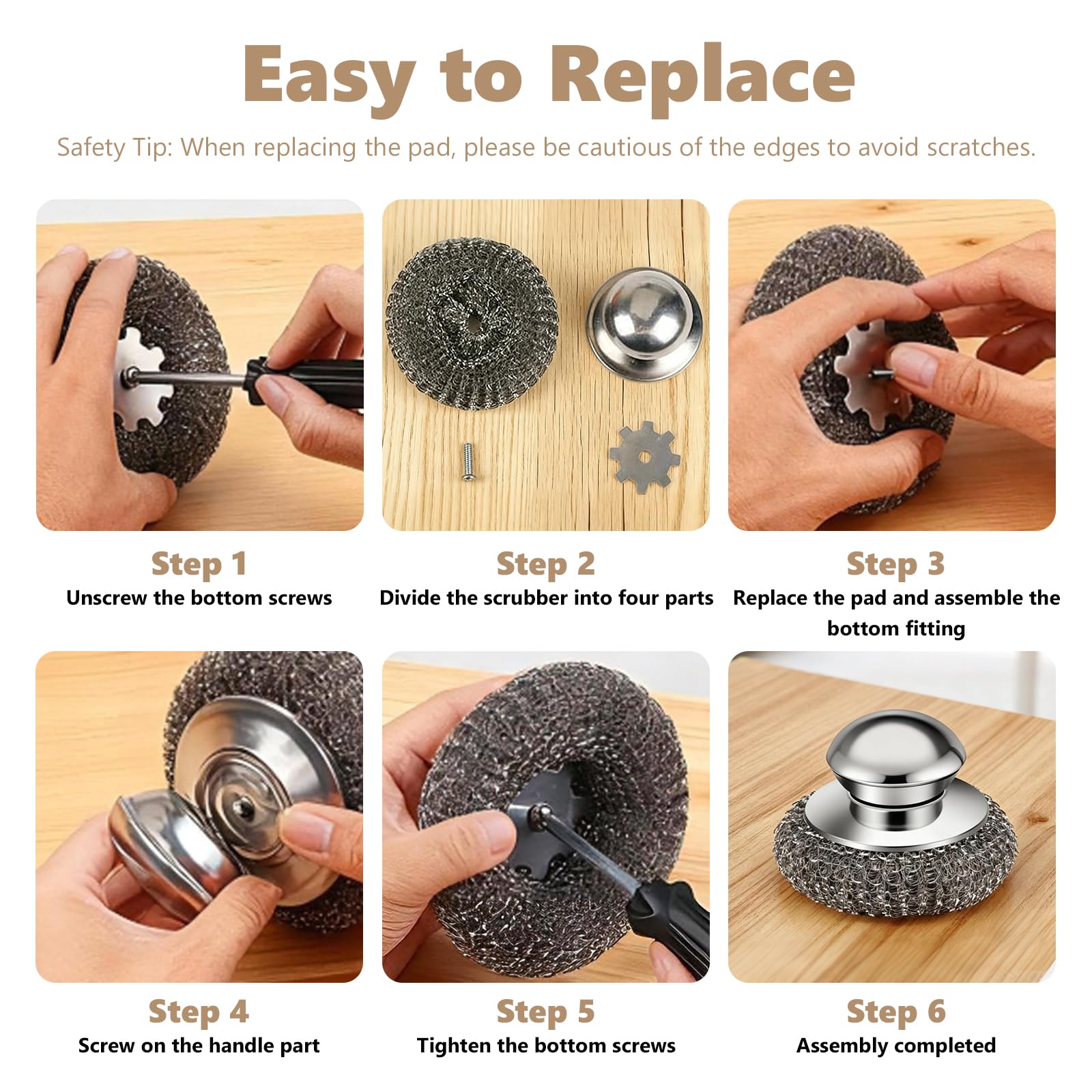Steel Wool Scrubber, 4-Pack Stainless Steel Scrubber Pads with Handle - The Ultimate Scouring Solution for Rust, Stubborn Messes on Cookware, Grill