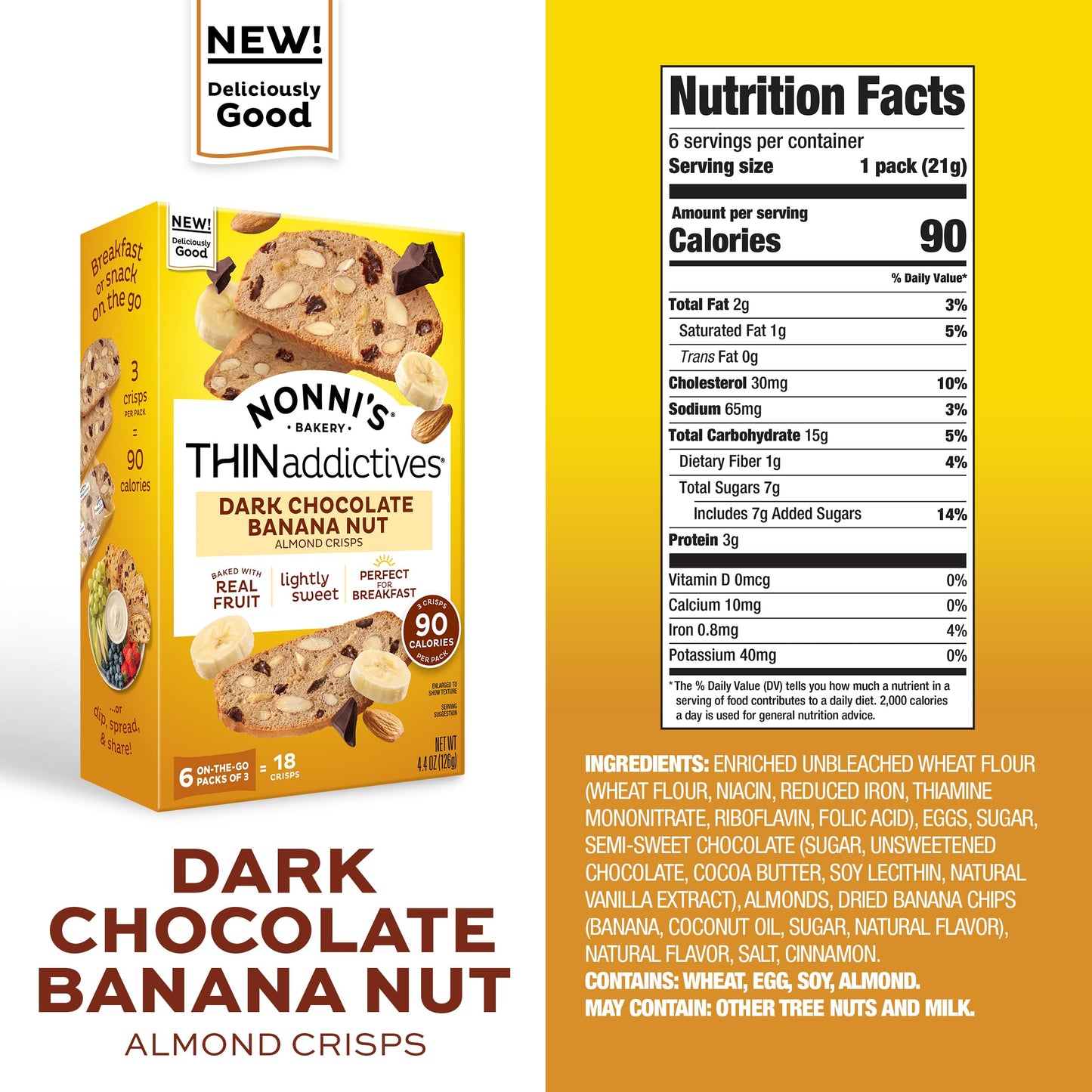 Nonni's THINaddictives Dark Chocolate Banana Nut Crisps 4.4 oz, Lightly Sweet Almond Snack, 6 On-the-Go Packs, 90 Calories, 3 Pack