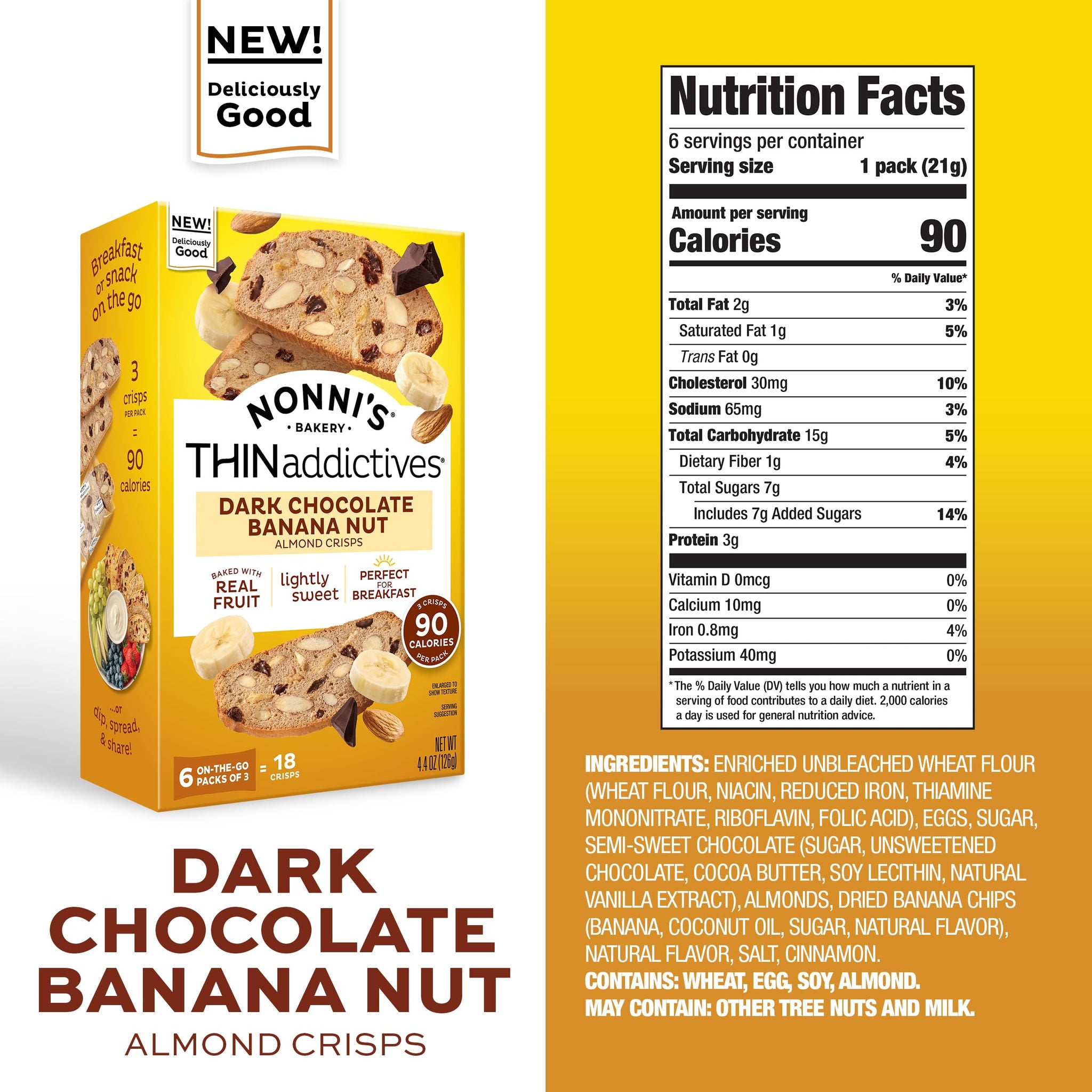 Nonni's THINaddictives Dark Chocolate Banana Nut Crisps 4.4 oz, Lightly Sweet Almond Snack, 6 On-the-Go Packs, 90 Calories, 3 Pack