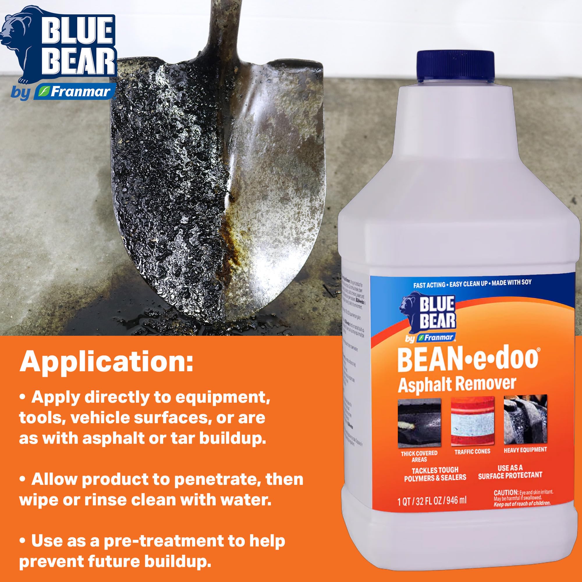 Blue Bear BEAN-e-doo Asphalt Remover - Low?Odor, Soy?Based Asphalt & Tar Remover for Tools & Equipment - Fast- Softening, Easy Rinse (1 Gallon)