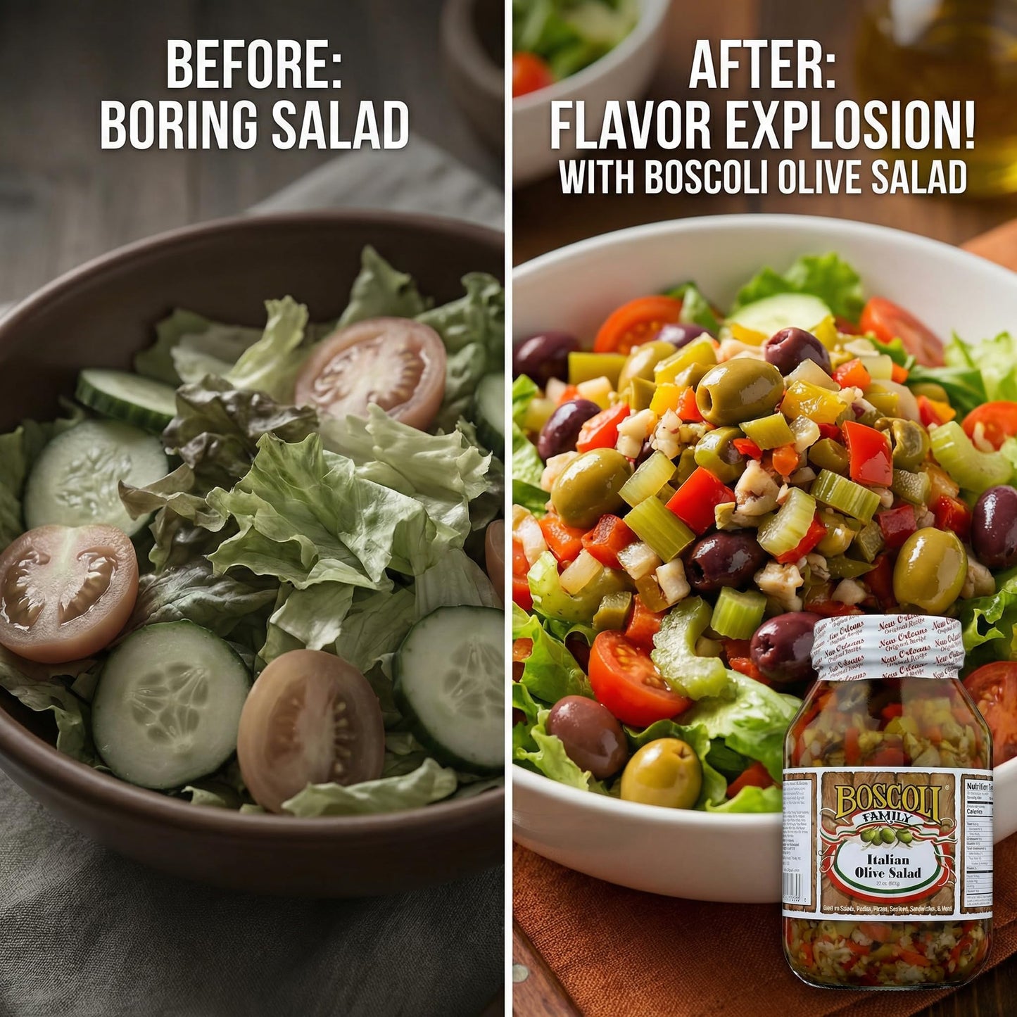 Boscoli Olive Salad - 32 oz Jars - 1 Pack Family Size Salad Olives - Boscoli Italian Mix - Olive Muffalata for Family Salads - with bag clips