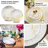 TCF Linen Dinner Plates Set for 50 Guests, Dusty Blue Plastic Party Plates With Metallic Gold Floral Design, 50x 8 inch inch Salad Plates + 50x 10