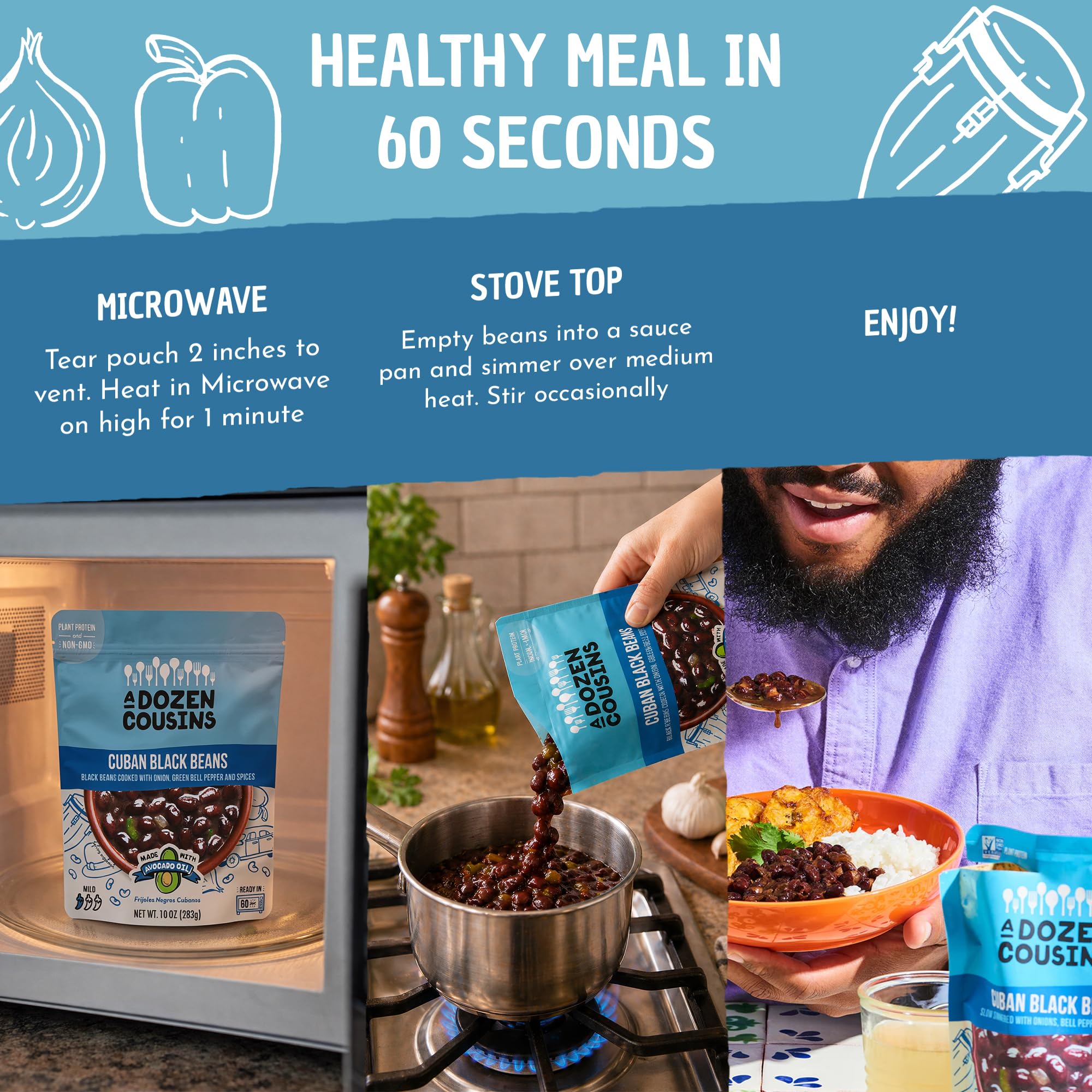 A Dozen Cousins Vegan Black Beans 6pk, Seasoned Healthy Microwave Cuban Black Beans in Avocado Oil, Ready to Eat Prepared Food, Easy Plant Protein