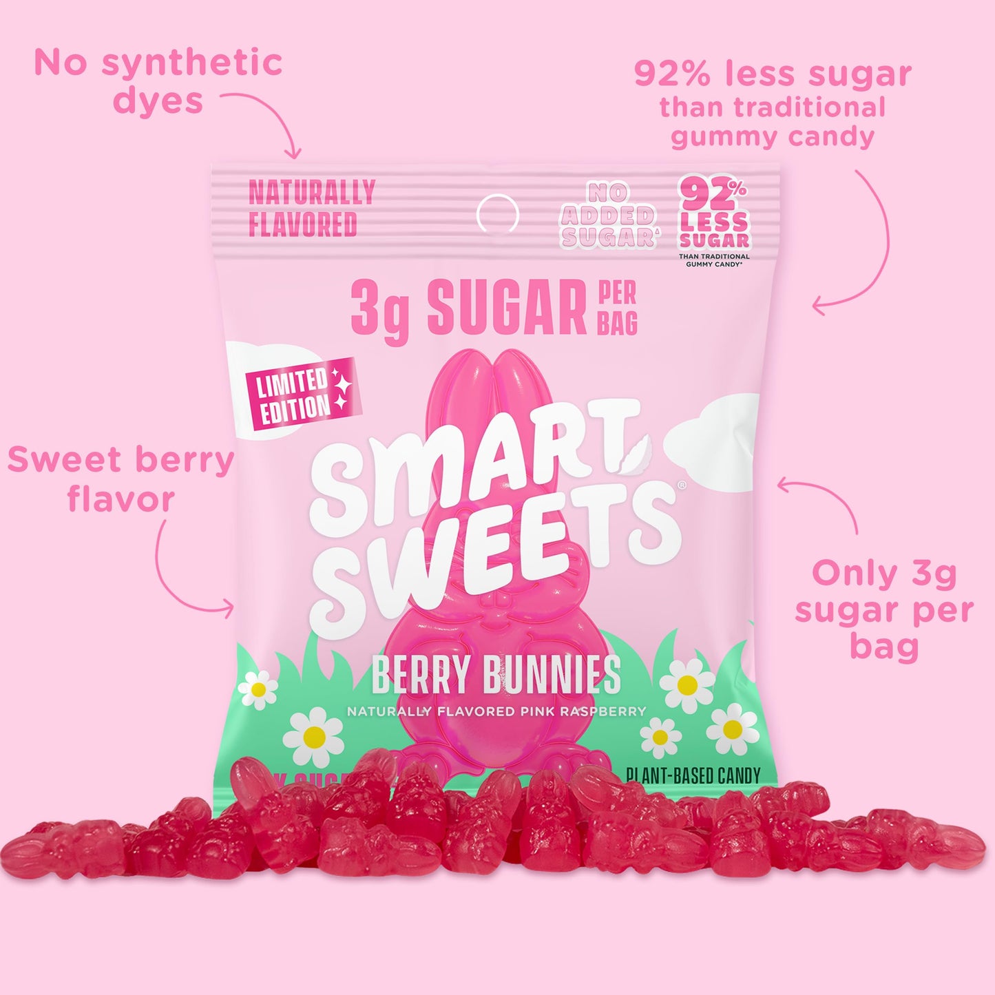 SmartSweets Berry Bunnies Easter Candy, 1.8oz (Pack of 14),Gummy Candy with Low Sugar, Low Calorie, No Artificial Sweeteners, Plant-Based