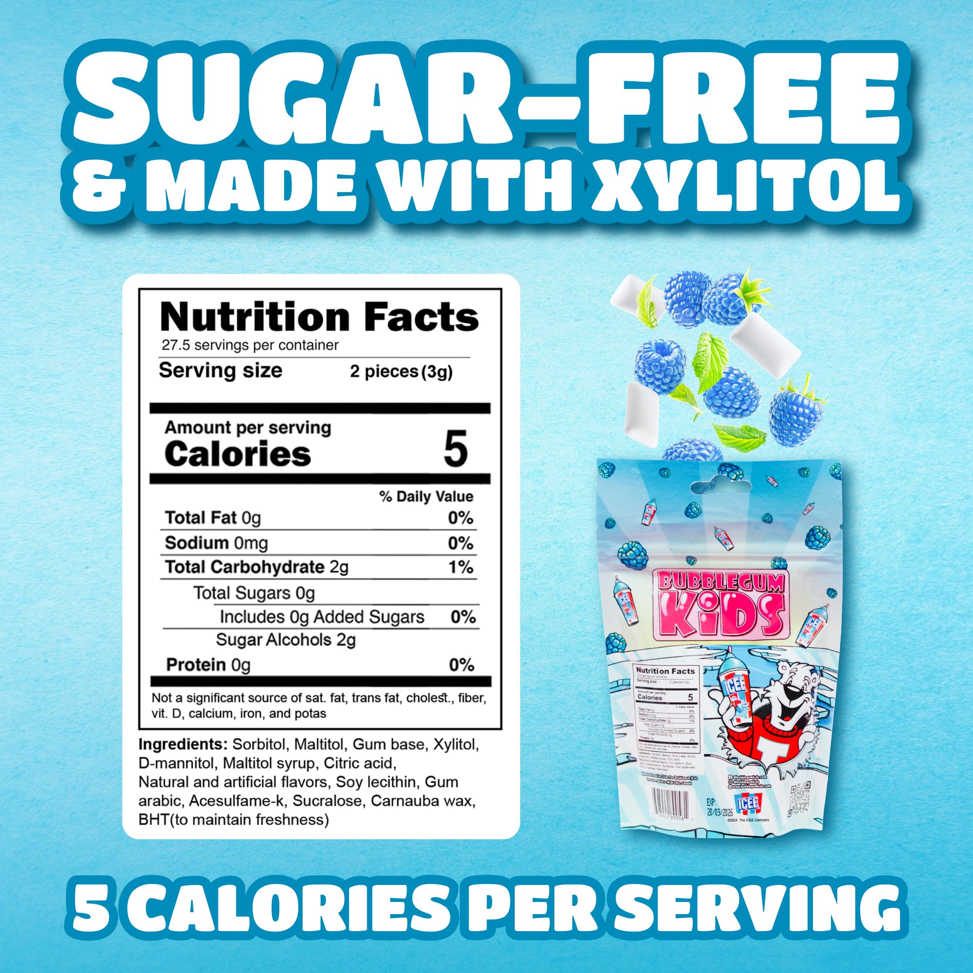 ICEE Blue Raspberry Sugar Free Gum by Bubblegum Kids | Sugarless Gum with Xylitol | Vegan, Peanut Free, Low Calorie Candy Alternative for Kids
