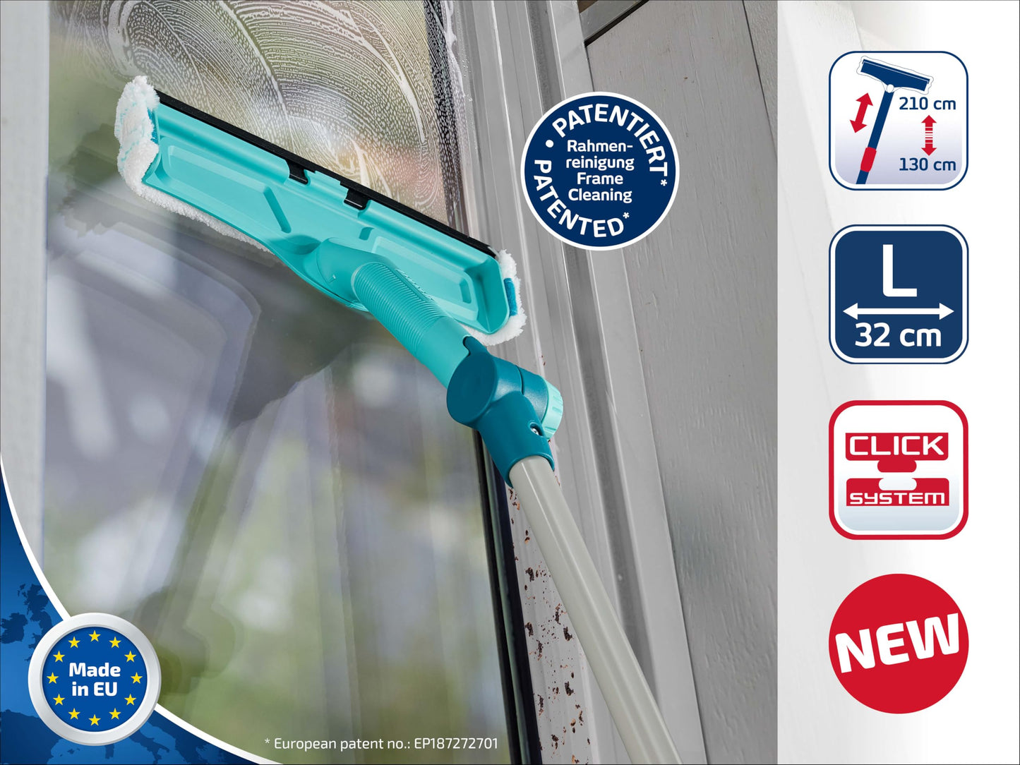 Leifheit 3 in 1 Telescopic Window Cleaner, Window Squeegee with Telescopic Handle 110-200 cm, Extendable Squeegee with Integrated Microfibre Cover