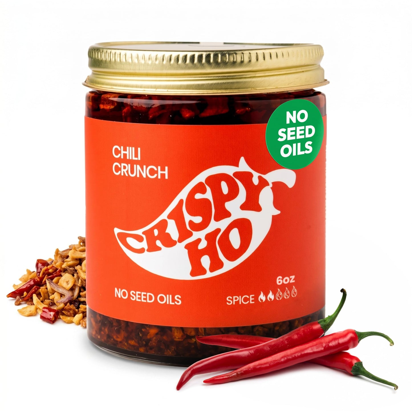 CRISPY HO Chili Crunch - Premium Chili Crisp, No Seed Oils, Avocado Oil, Chili Oil w/ Crunchy Garlic and Shallots - Spicy, Savory, Umami Hot Sauce