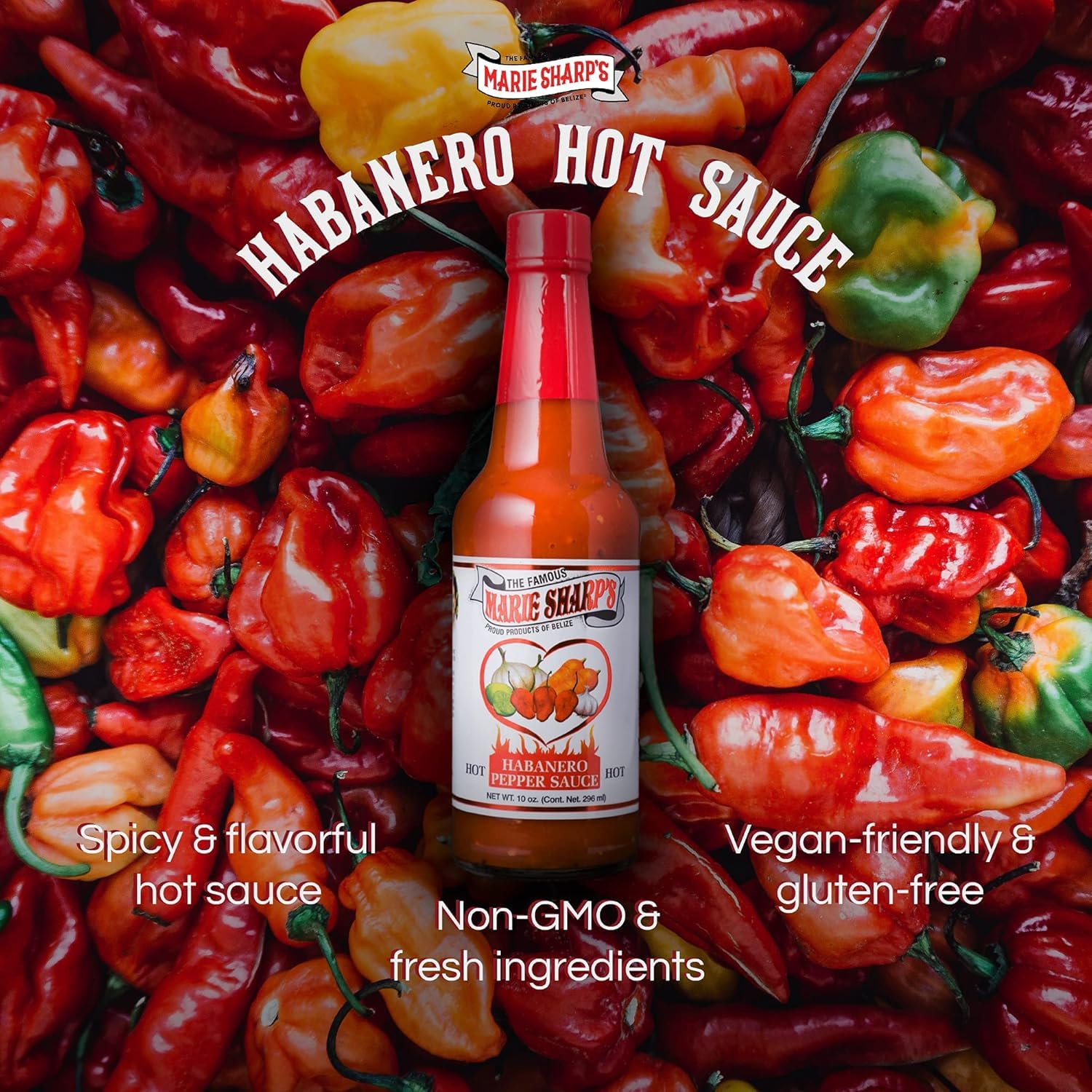 Marie Sharp's Hot Habanero Pepper Sauce, 10 oz - Authentic Belizean Hot Sauce with Fresh Red Habanero Peppers (Pack of 2)