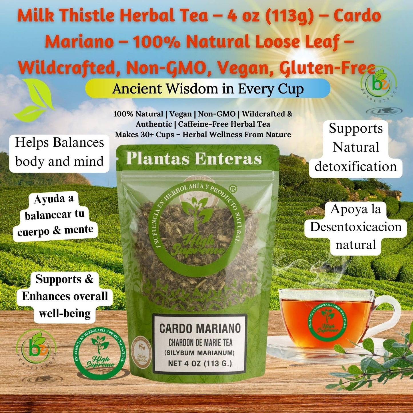 Milk Thistle Herbal Tea - 4 oz (113g) - Cardo Mariano - 100% Natural Loose Leaf - Wildcrafted, Non-GMO, Vegan, Gluten-Free - Resealable Bag - by High