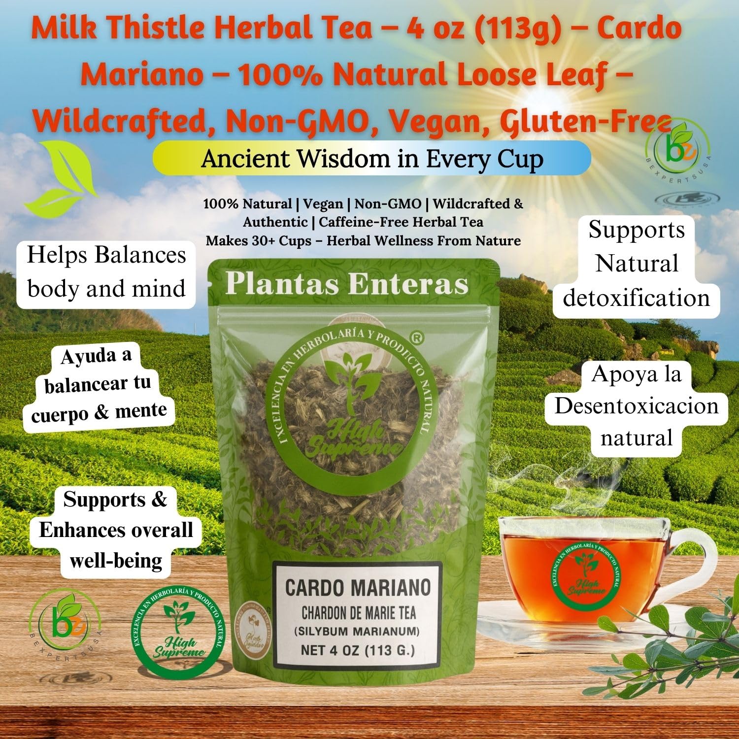 Milk Thistle Herbal Tea - 4 oz (113g) - Cardo Mariano - 100% Natural Loose Leaf - Wildcrafted, Non-GMO, Vegan, Gluten-Free - Resealable Bag - by High
