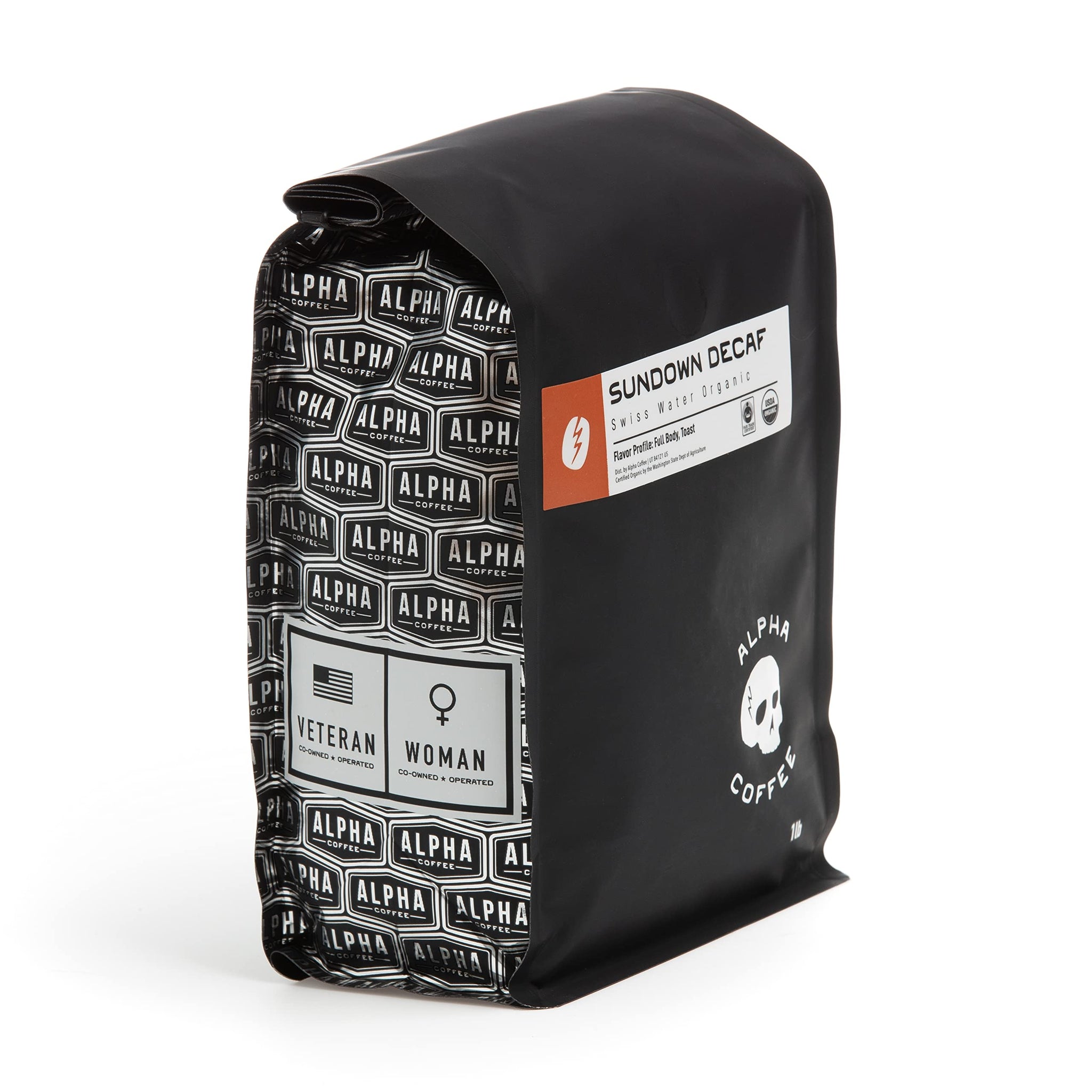 Alpha Coffee - Sundown Decaf - 16 oz. Premium Gourmet Craft Organic Decaffeinated Whole Bean Coffee | Veteran Owned - Specialty Small Batch Roasted
