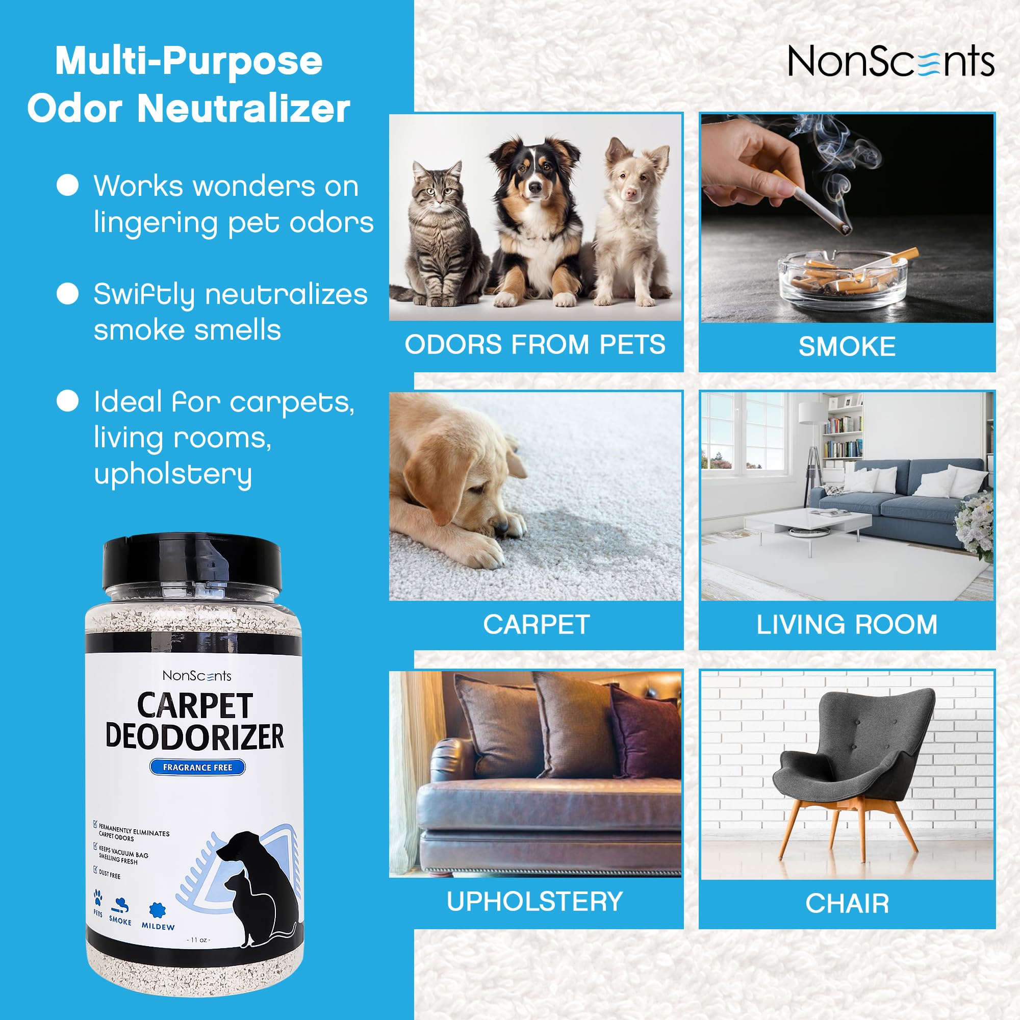 NonScents Carpet & Rug Odor Eliminator - Safe & Fragrance-Free Pet Carpet Deodorizer - Cat and Dog Smell Neutralizer - Removes Pet Urine Odors - Fresh