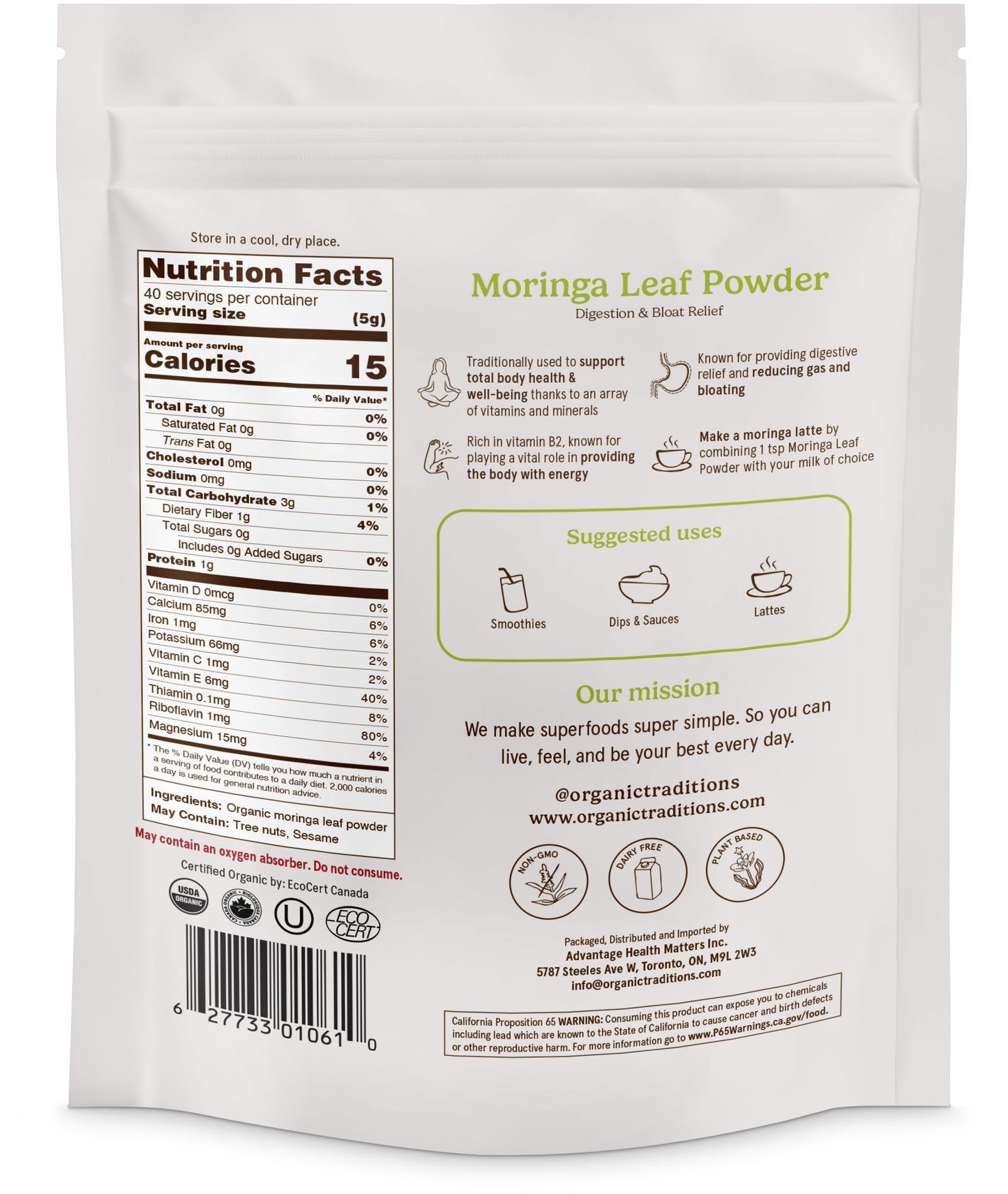 Organic Traditions Moringa Powder Organic, Green Superfood for Smoothies with Moringa Leaves, Rich in Natural Vitamins and Minerals, Traditionally