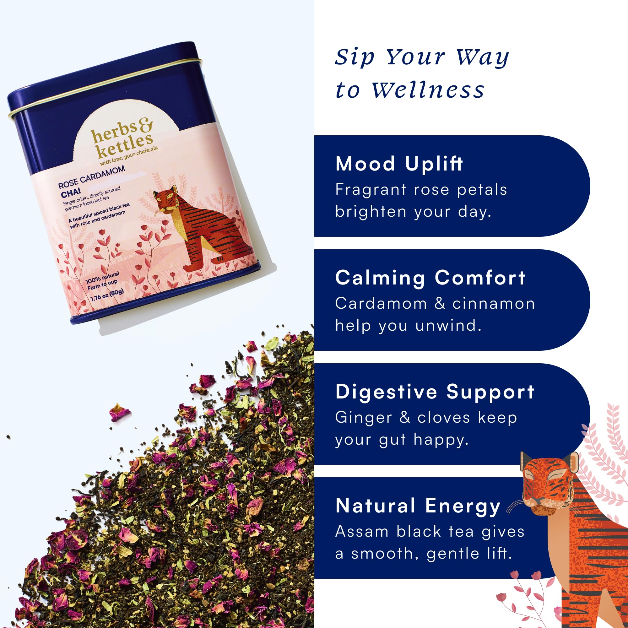 Herbs & Kettles Chai - Rose Cardamom | Assam Black Tea with Rose Petals, Green Cardamom, Ginger, Cinnamon & Cloves | Floral Loose Leaf Blend | Makes