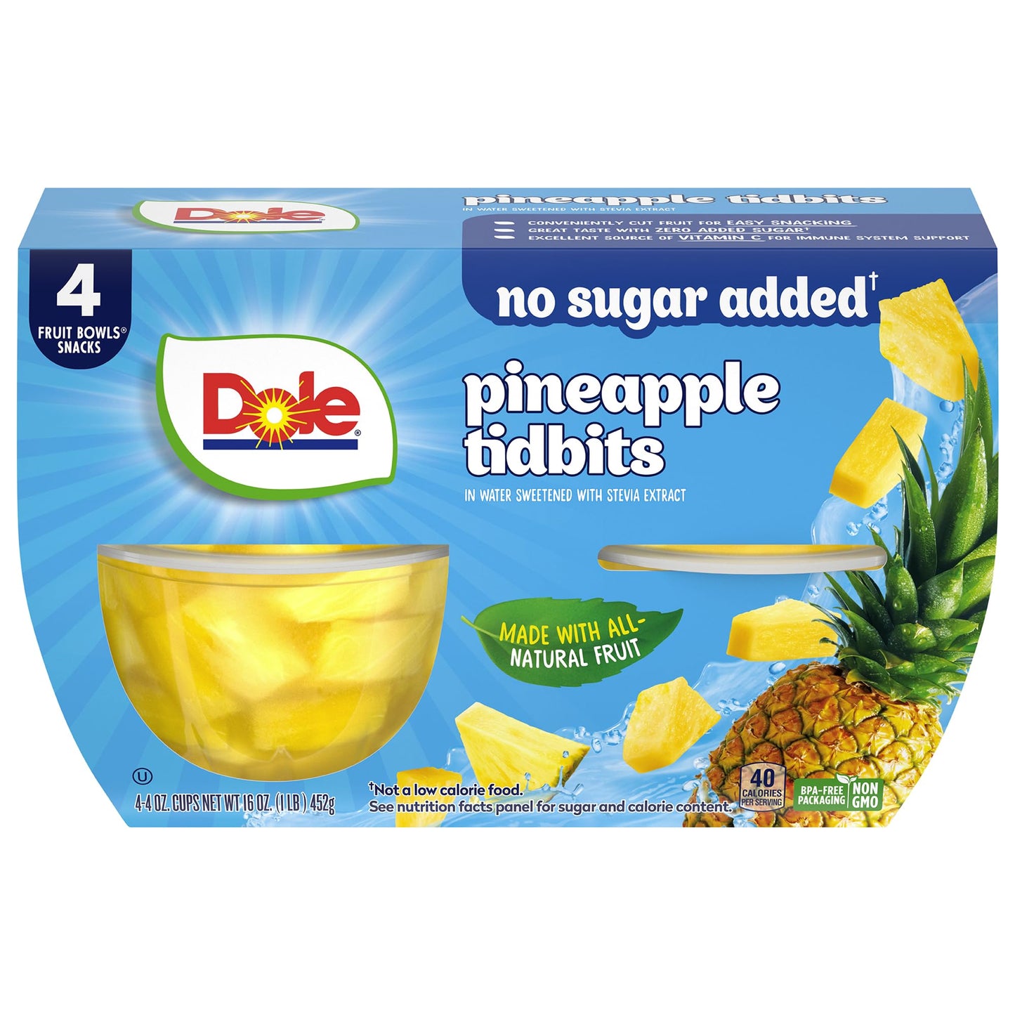 Dole Pineapple Tidbits with No Sugar Added† - Dole Fruit Bowls Snacks - 4 oz Fruit Bowls - 4 Pack