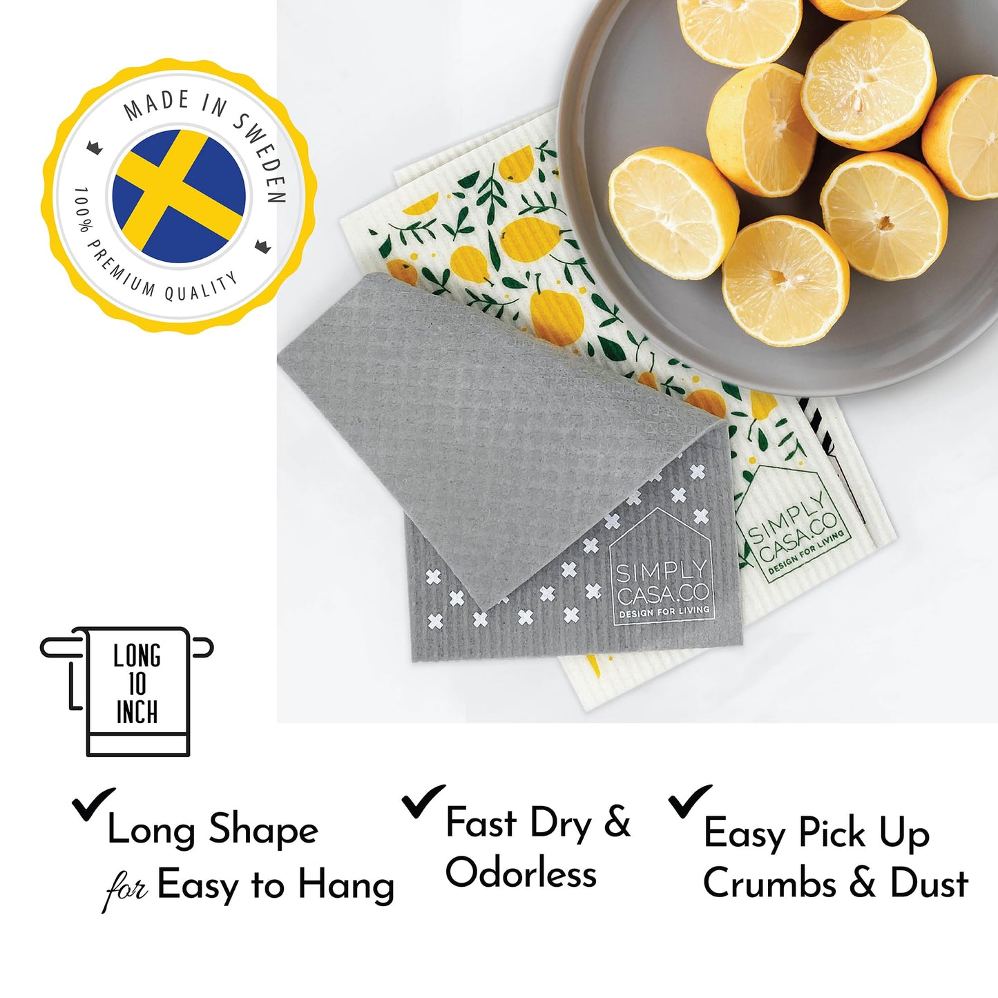 SIMPLYCASA Long 5?Pack Swedish Dishcloths - Reusable, Cellulose Sponge Dish Cloths for Washing Dishes, Paper Towel Replacement, Plastic-Free