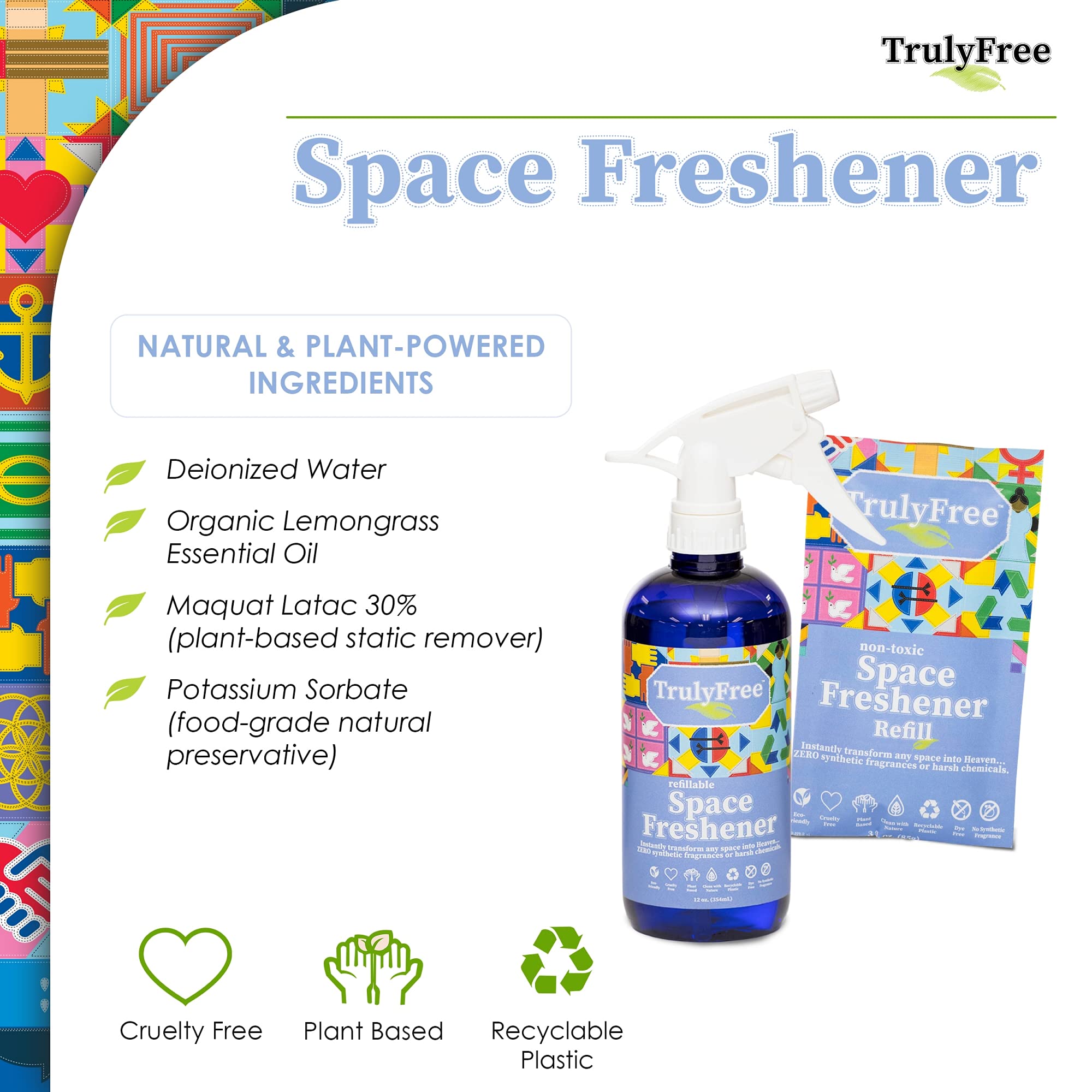Truly Free Space Freshener Starter Kit, Lemongrass Essential Oil - Car and Air Fresheners for Home, Natural Odor Eliminator Room Spray, 12 oz Empty