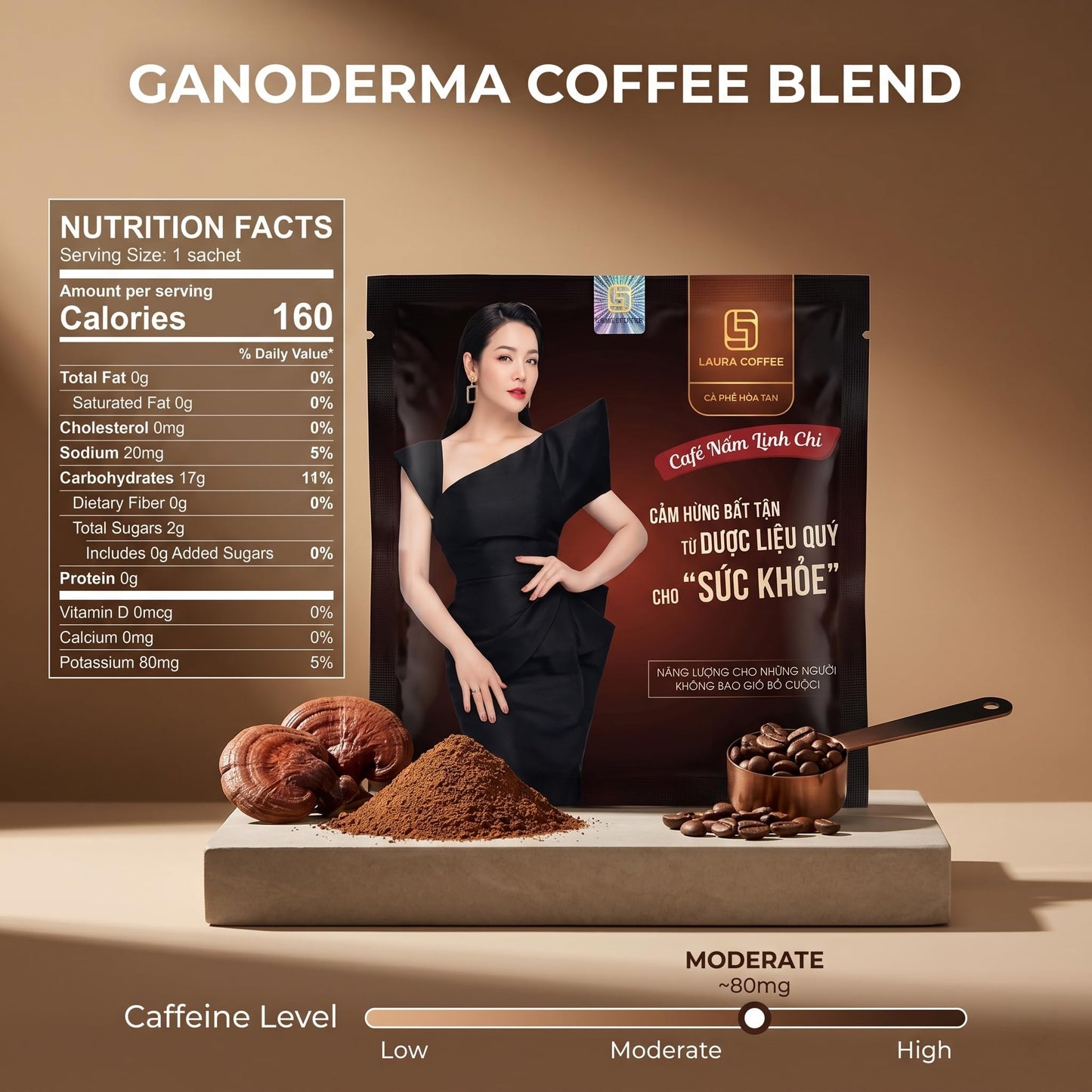 Laura Coffee Instant 3-in-1 Vietnamese Strong Coffee Mix with Cordyceps, Ganoderma, Reishi Mushroom - 10 Sachets