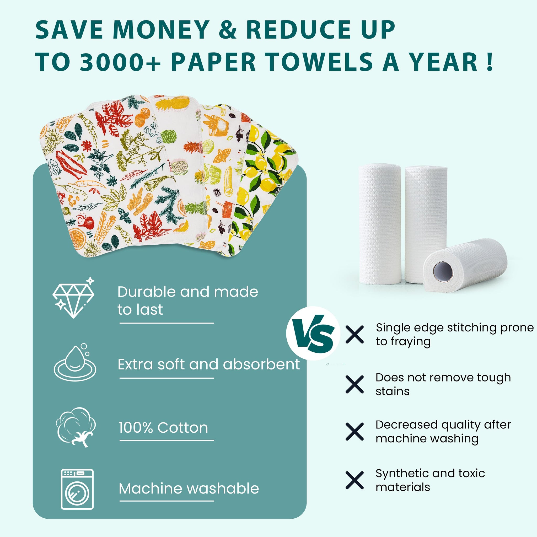Gecocious Reusable Paper Towels Washable Roll of 24 Paperless Kitchen Cotton Cloth - Super Soft Zero Waste Paper Towel Replacement
