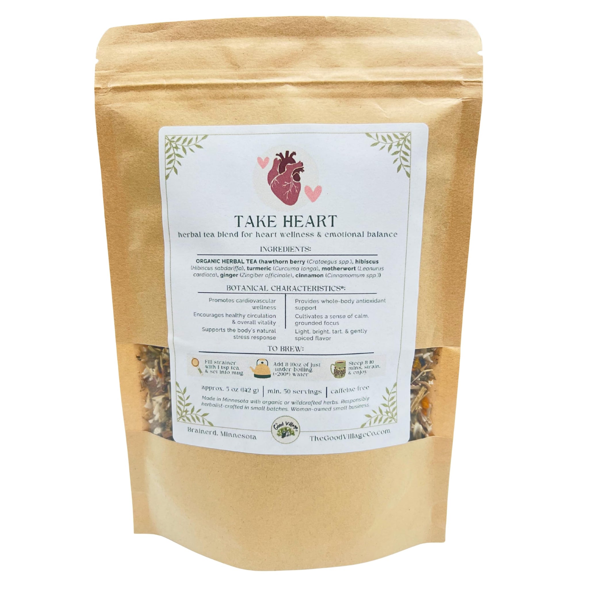 The Good Village Co. Take Heart Loose Leaf Herbal Tea, Caffeine Free Botanical Blend with Rose, Hibiscus & Mild Botanicals, 5 oz, Approx. 50 Servings