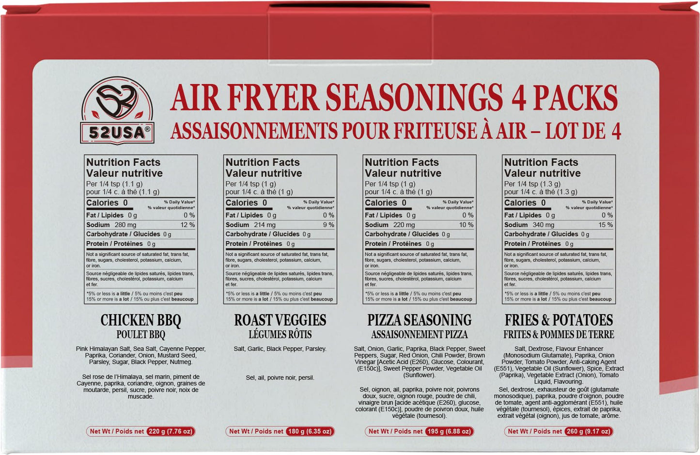 52USA Air Fryer Seasoning Blends Gift Set, 4 Pack Assorted Cooking Spices-Fries Potatoes, Pizza, Roast Veggies, Chicken BBQ Seasoning Mix, Purpose Dry