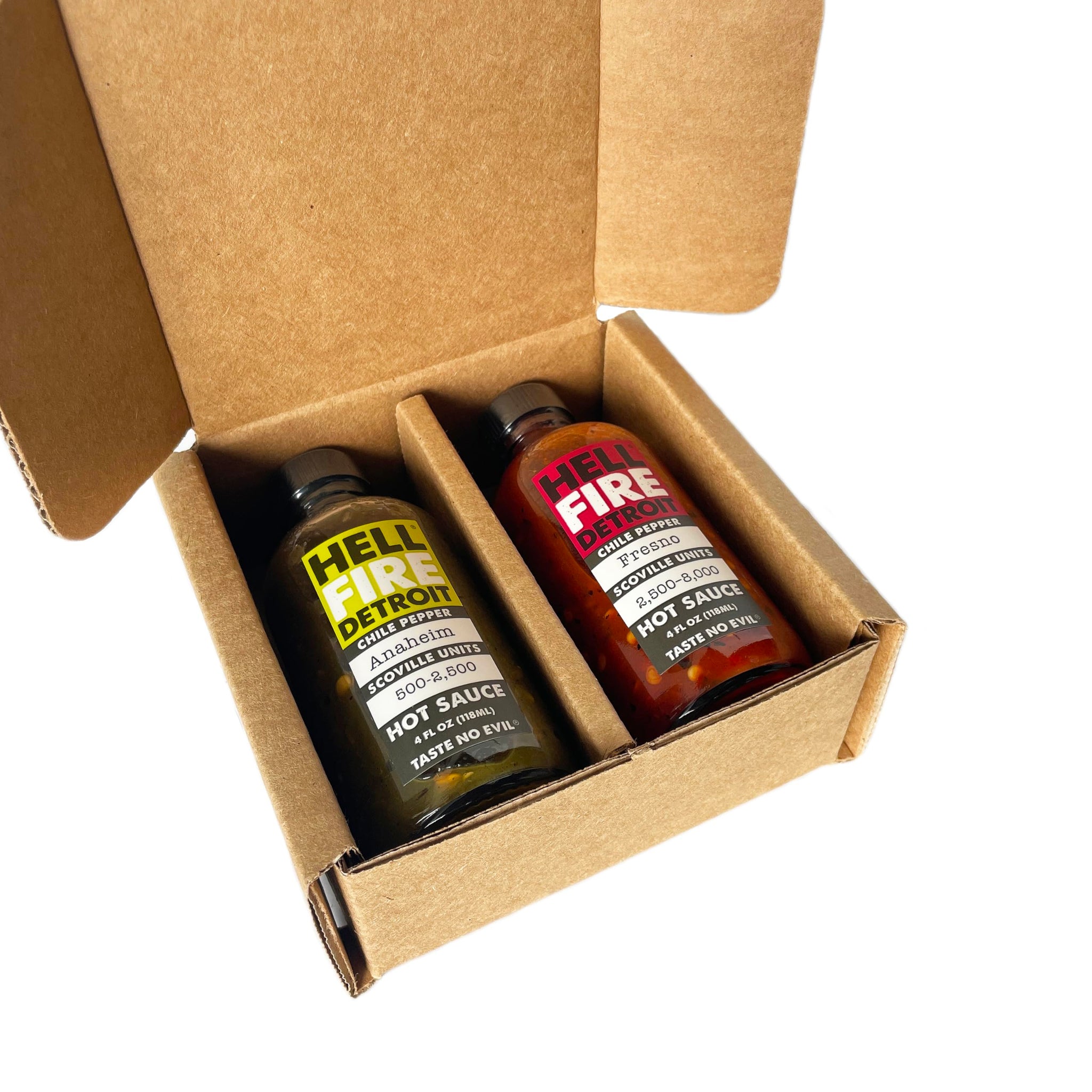 Hell Fire Detroit Hot Box #3 Gift Box (Mild & Medium), Crafted with Fresh, Fire-Roasted Anaheim and Fresno Chile Peppers, All-Natural, Vegan