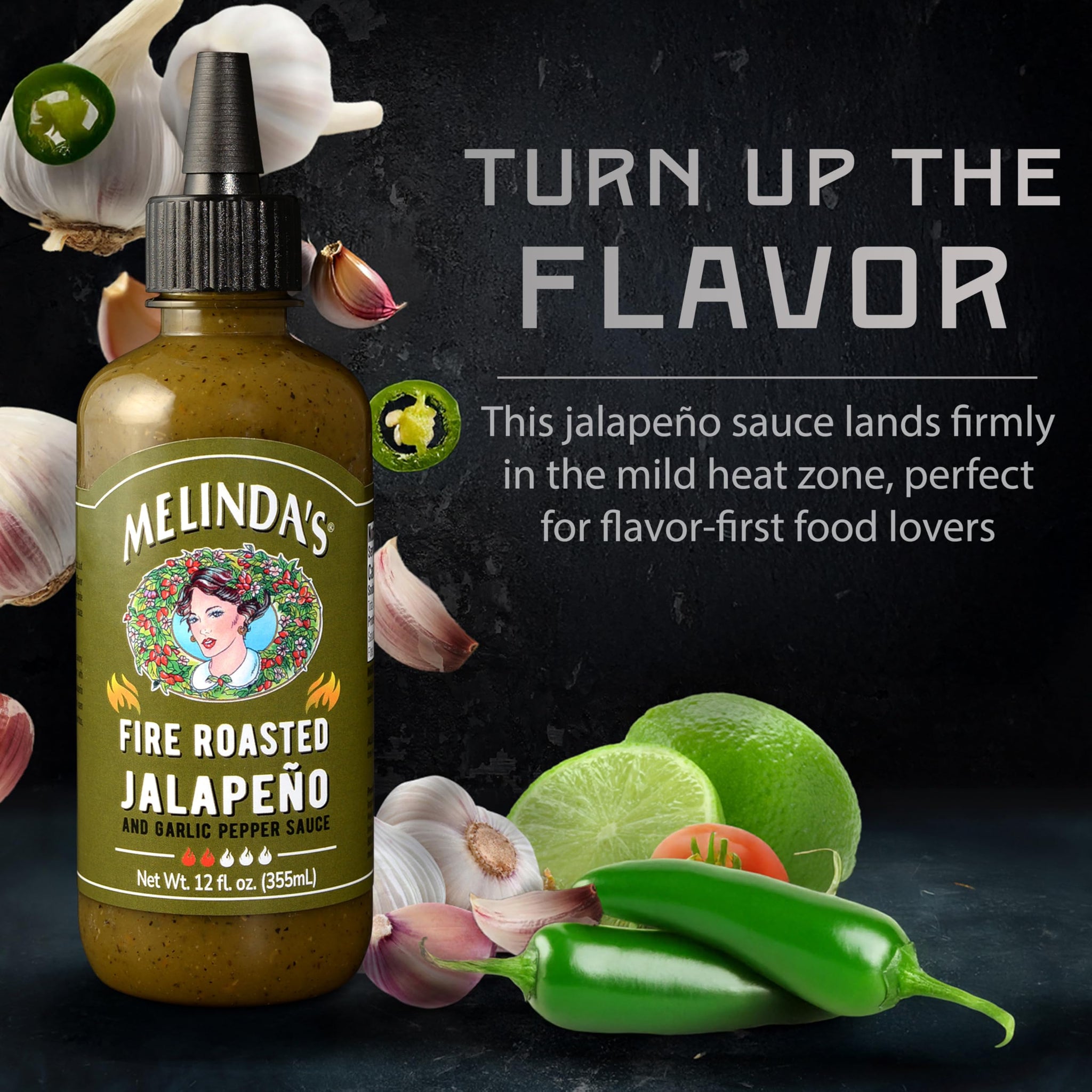Melinda's Fire Roasted Jalapeño Hot Sauce with Aromatic Garlic - 12oz, 1 Pack - Gourmet Green Pepper Sauce Perfect for Grilled Meats & Veggies, Tacos