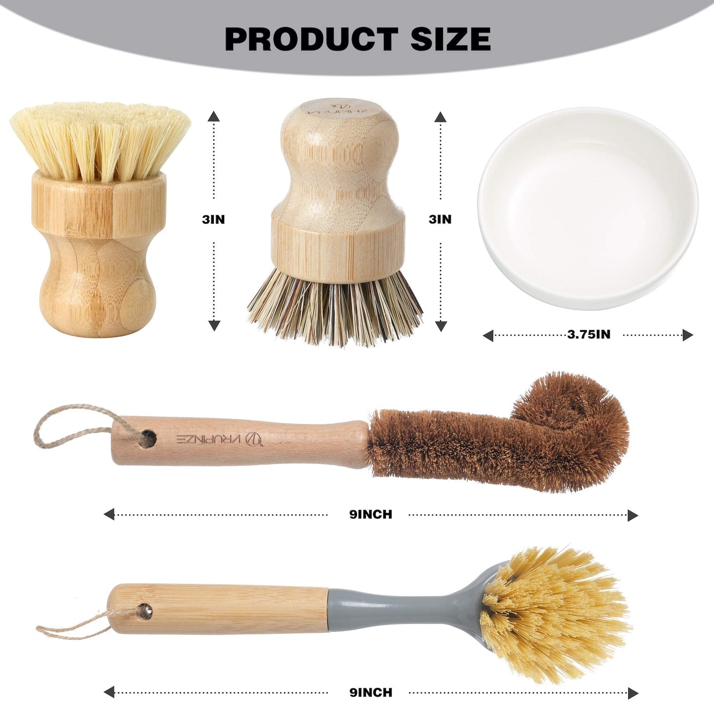 VRUPINZE Natural Bamboo Dish Brush Bottle Scrub Brush 4-Piece Set, with Ceramic Soap Dispenser - Wooden Washing Up Brushes with Sturdy Handles