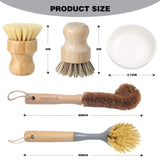 VRUPINZE Natural Bamboo Dish Brush Bottle Scrub Brush 4-Piece Set, with Ceramic Soap Dispenser - Wooden Washing Up Brushes with Sturdy Handles