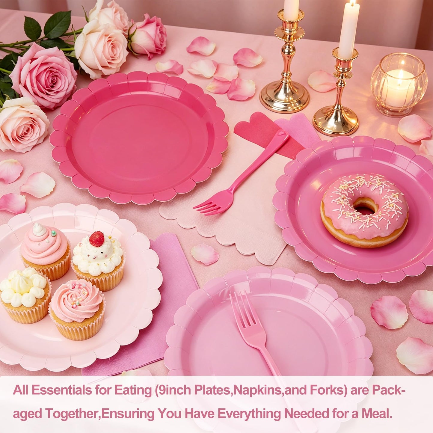 CENLBJ Pink Paper Plates and Napkins,Serves 24 Include Gradient 9 Inch Disposable Plates, Napkins, and Forks for Baby Shower, Wedding, Birthday