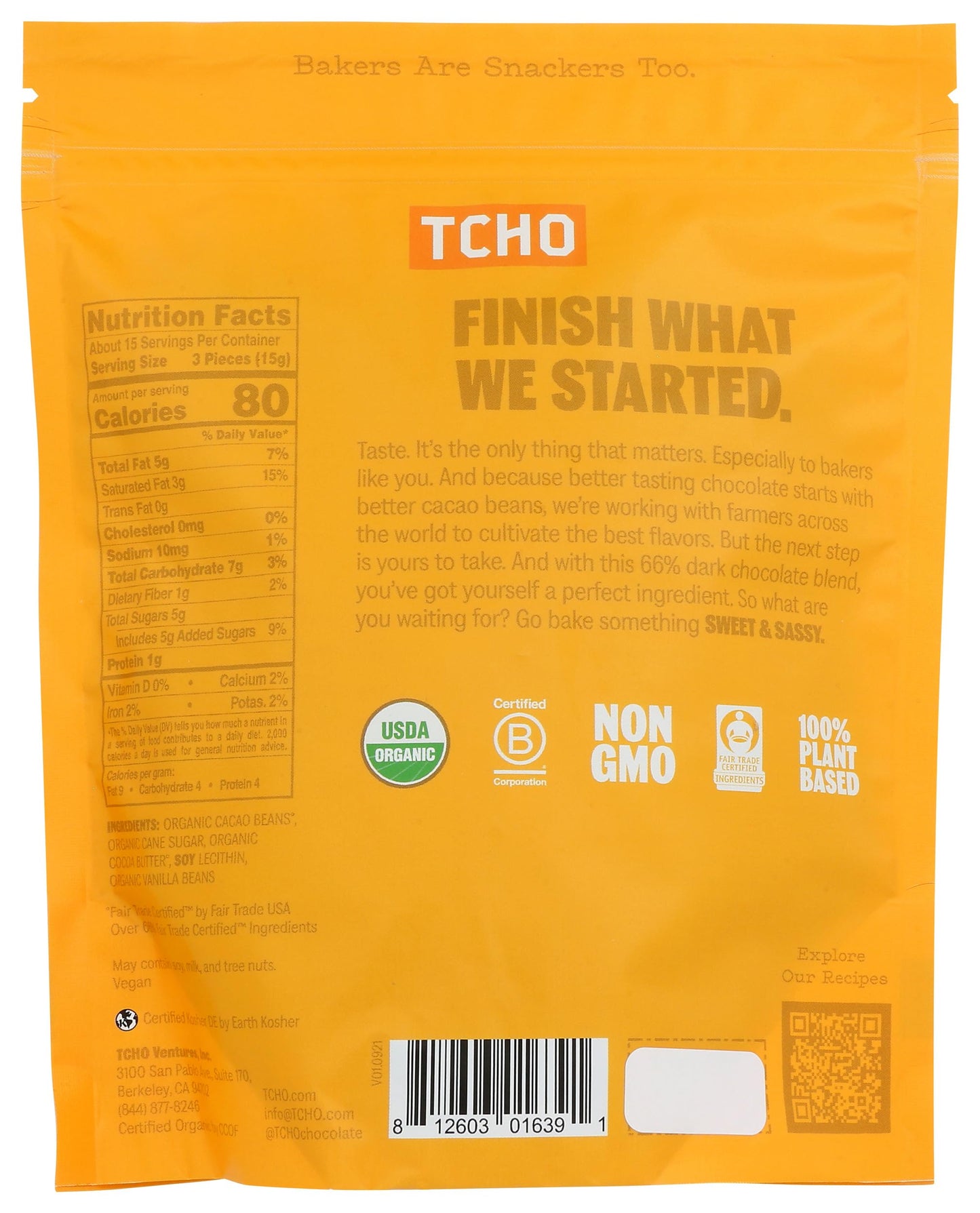 Tcho, Organic Dark Chocolate Baking Discs, 8 Ounce